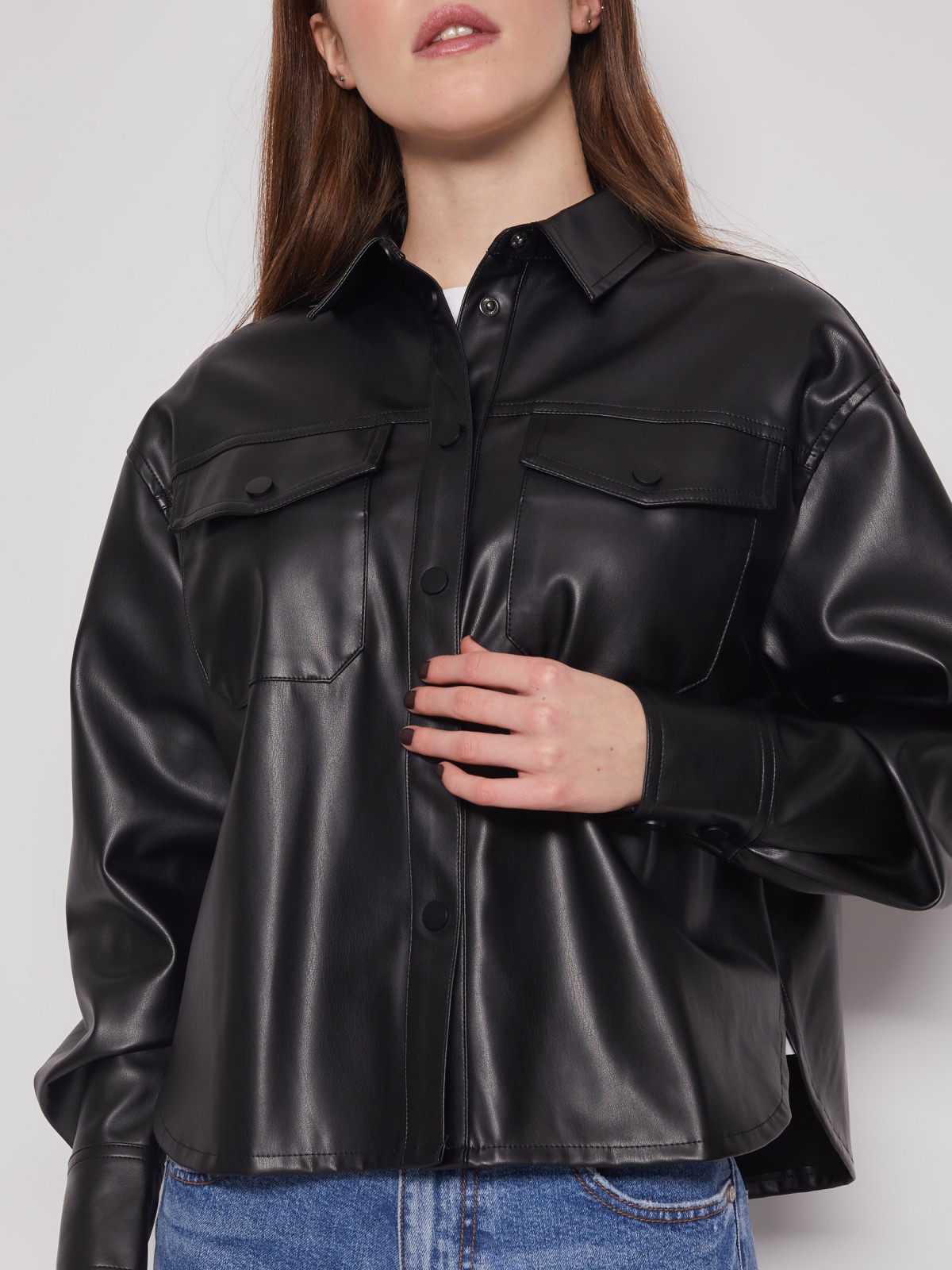 Укороченная куртка-рубашка из экокожи zolla 222115459101, цвет черный, размер XS - фото 5