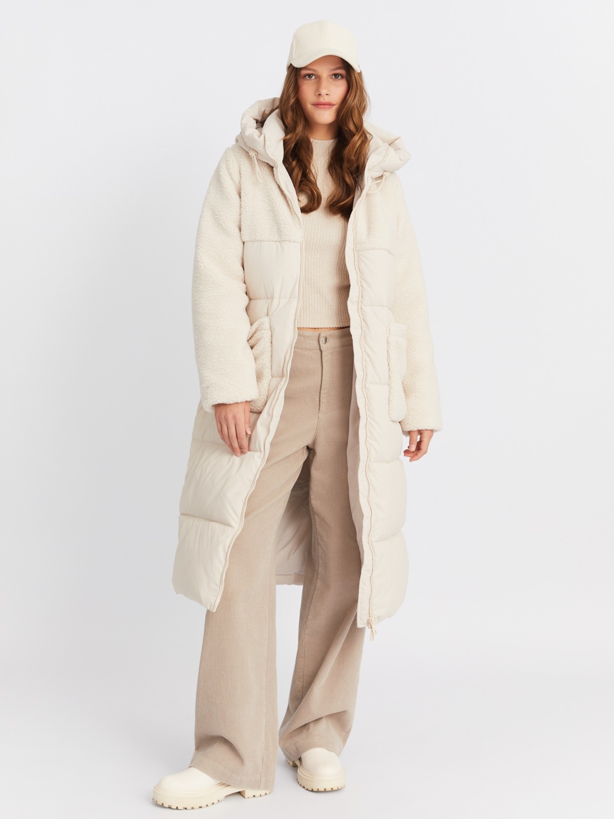 Тёплая куртка-пальто с отделкой из экомеха и капюшоном zolla 023425212154, цвет молоко, размер M - фото 2