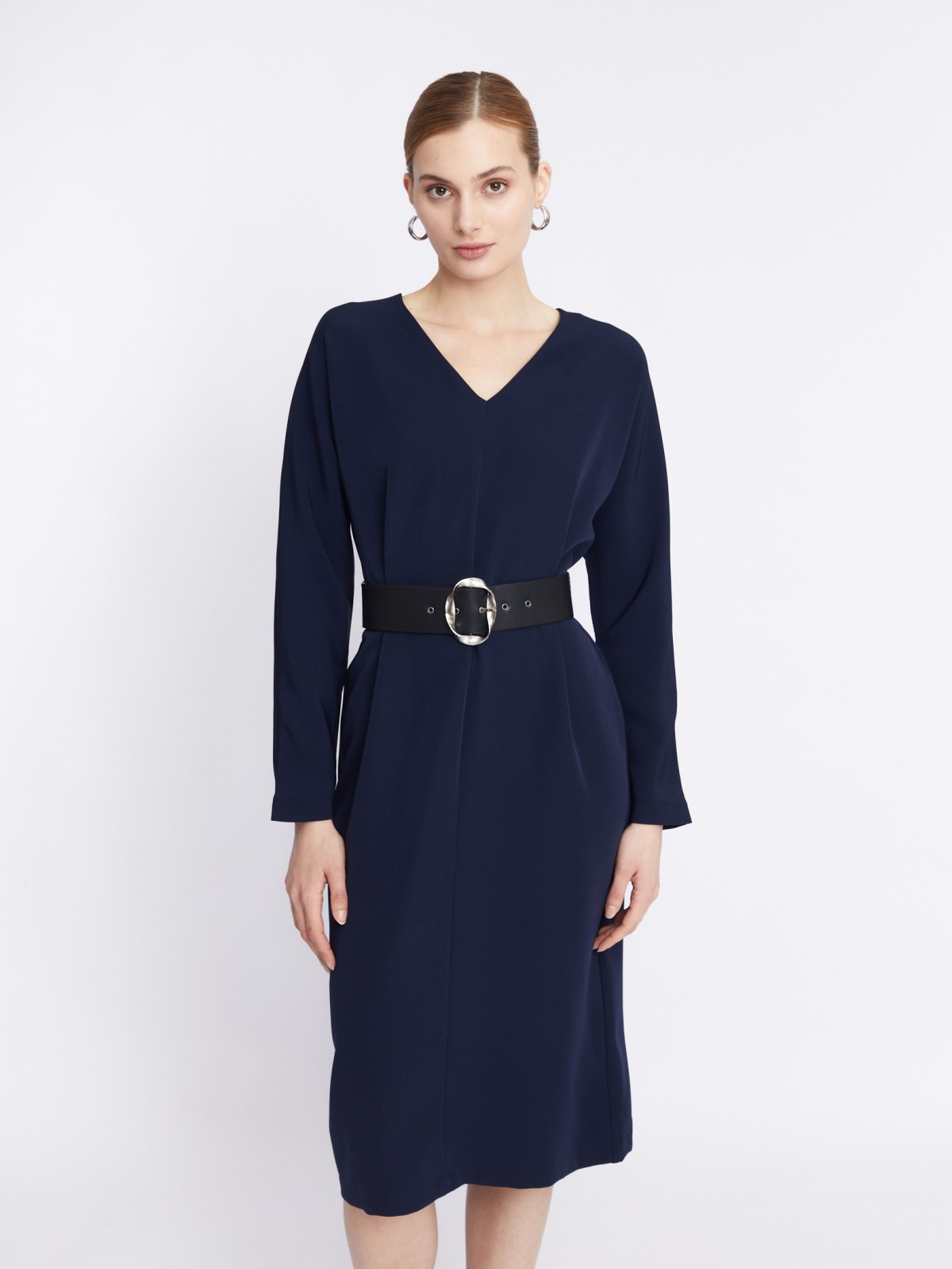 Платье длины миди с вырезом на груди и ремнём на талии zolla 22333827Y011, цвет синий, размер XL - фото 1