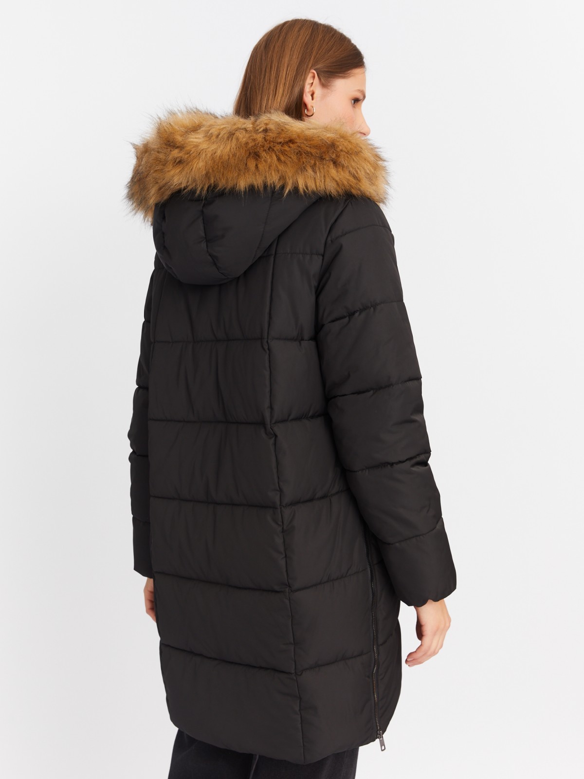 Тёплая куртка-пальто с капюшоном и боковыми шлицами на молниях zolla 022425212014, цвет черный, размер XS - фото 6