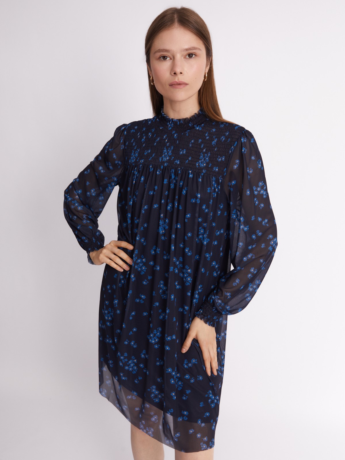 Платье А-силуэта из сетчатой ткани с цветочным принтом и акцентной кокеткой zolla 223338155093, размер XS - фото 5