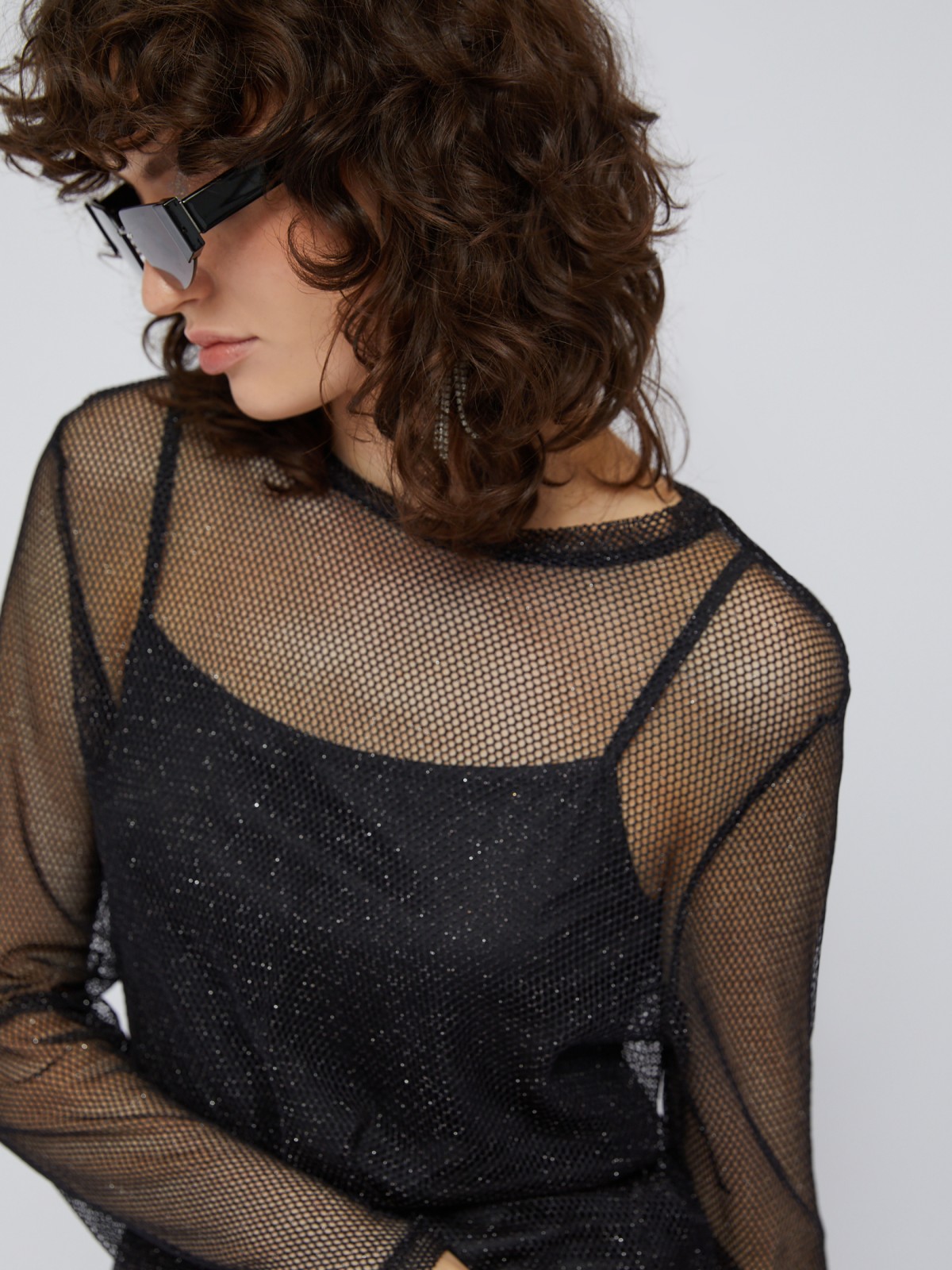 Лонгслив из сетки с люрексом и нижним топом
