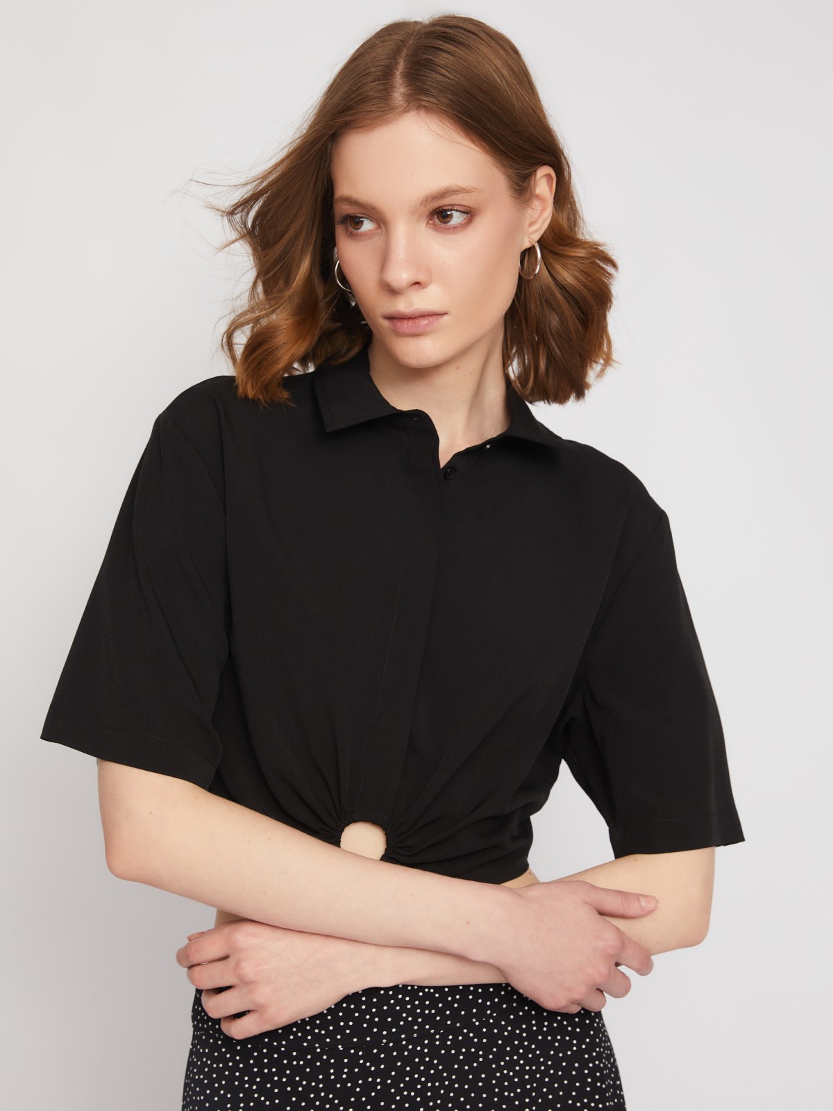 Укороченная блузка-рубашка с драпировкой zolla 02423127Y081, цвет черный, размер S - фото 3