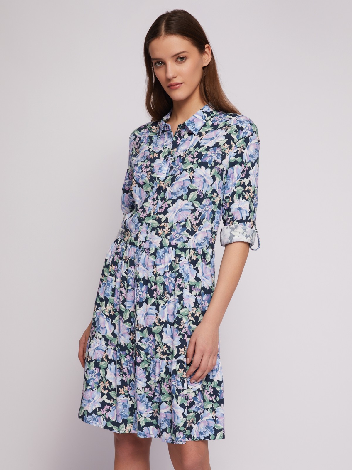 Ярусное платье-рубашка с подхватами на рукавах zolla N24218259021, цвет синий, размер S - фото 1