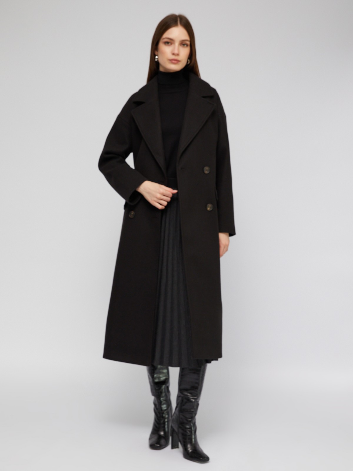 Длинное пальто оверсайз силуэта без утеплителя с поясом
