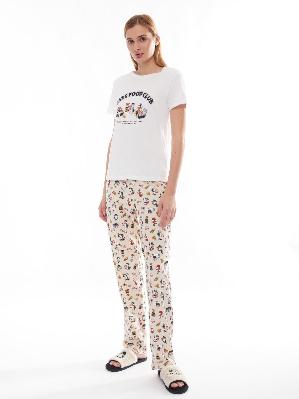 Домашний пижамный комплект из хлопка (футболка и штаны) zolla 624138738123, цвет молоко, размер XS