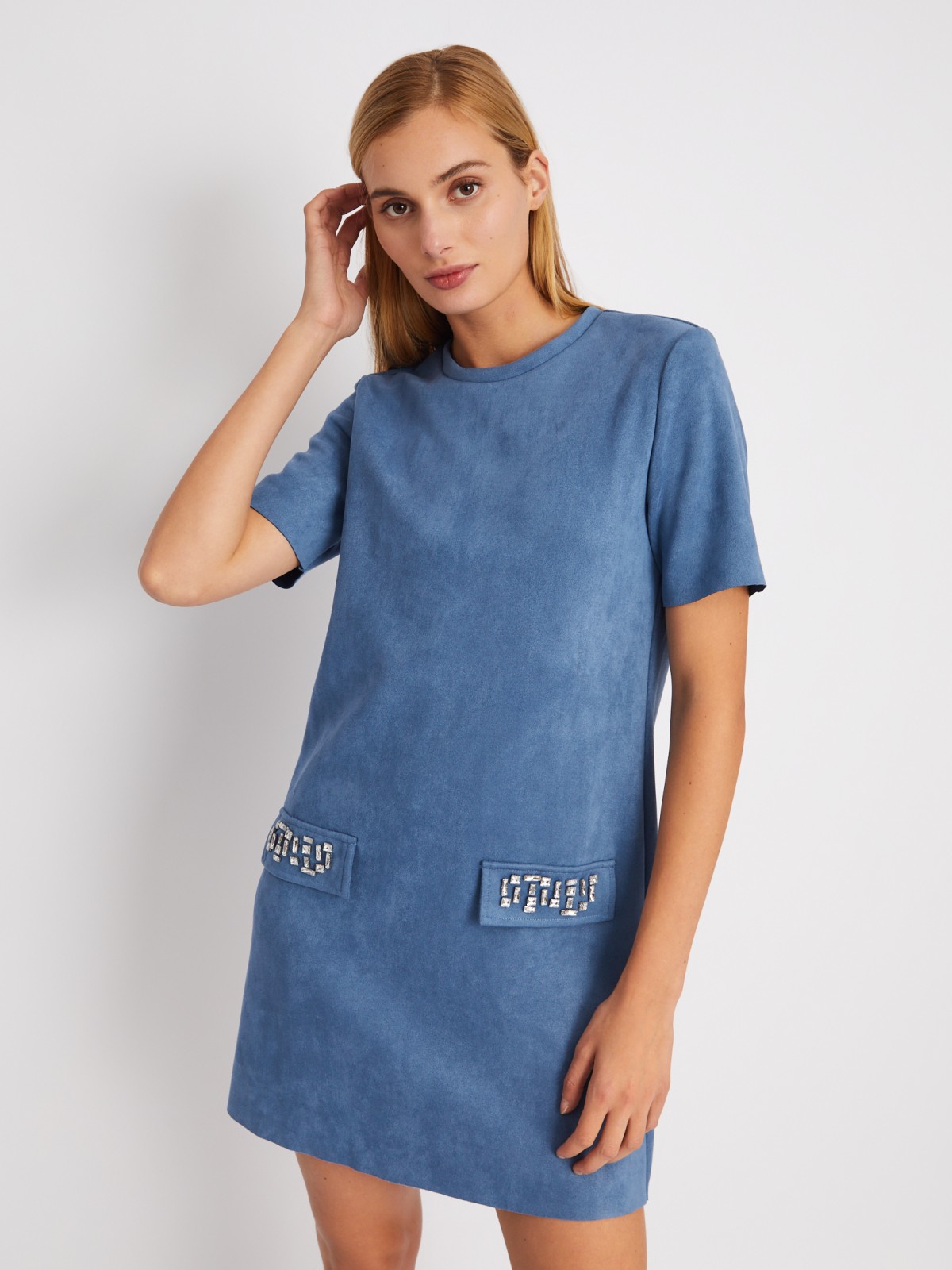 Платье-футболка из экозамши со стразами zolla 024118262361, цвет голубой, размер XS - фото 5