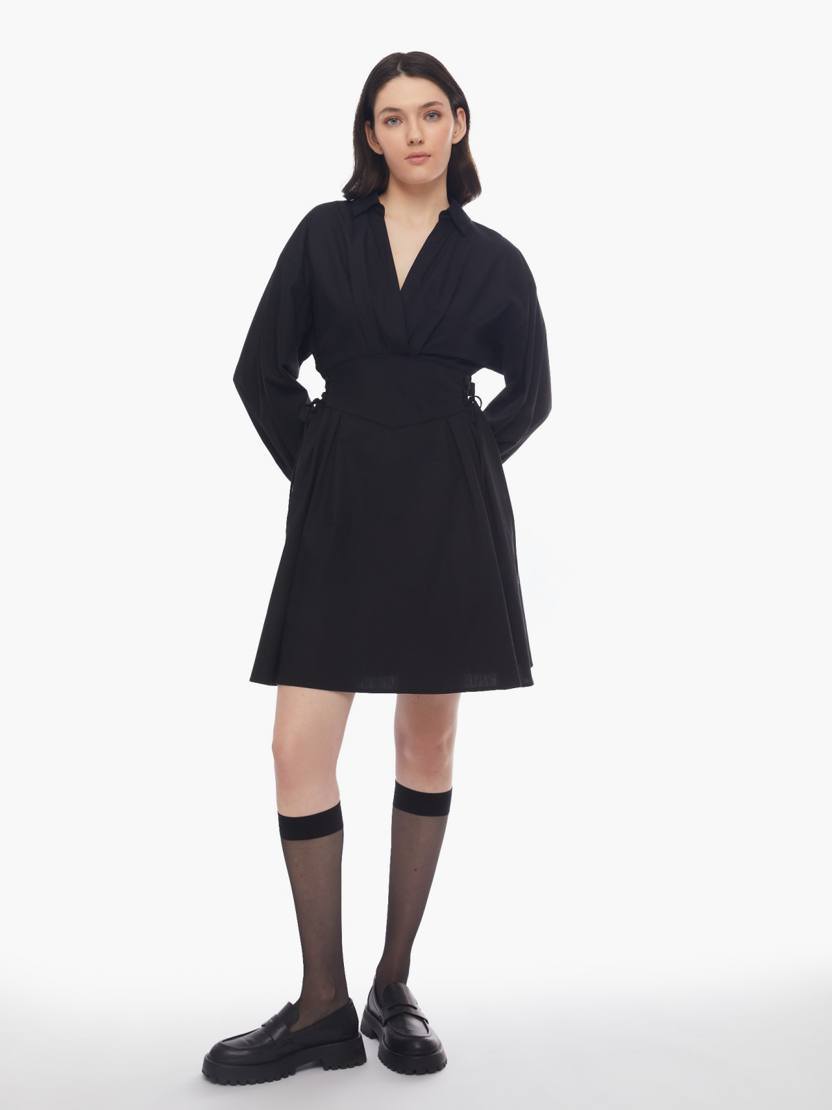 Платье длины мини из хлопка со шнуровкой на талии zolla 024138239291, цвет черный, размер XS - фото 2