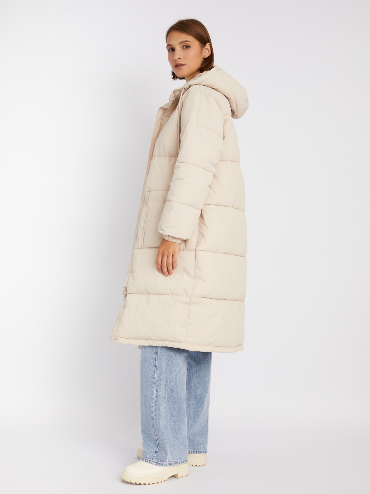 Длинная тёплая стёганая куртка-пальто с капюшоном zolla 023335202084, цвет молоко, размер XS - фото 5