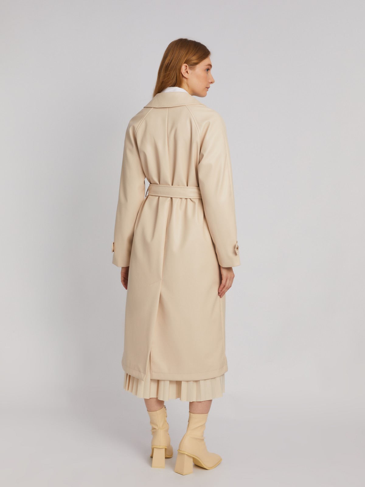 Длинное пальто-тренч из экокожи с рукавами реглан и поясом zolla 024135707024, цвет молоко, размер XS - фото 5