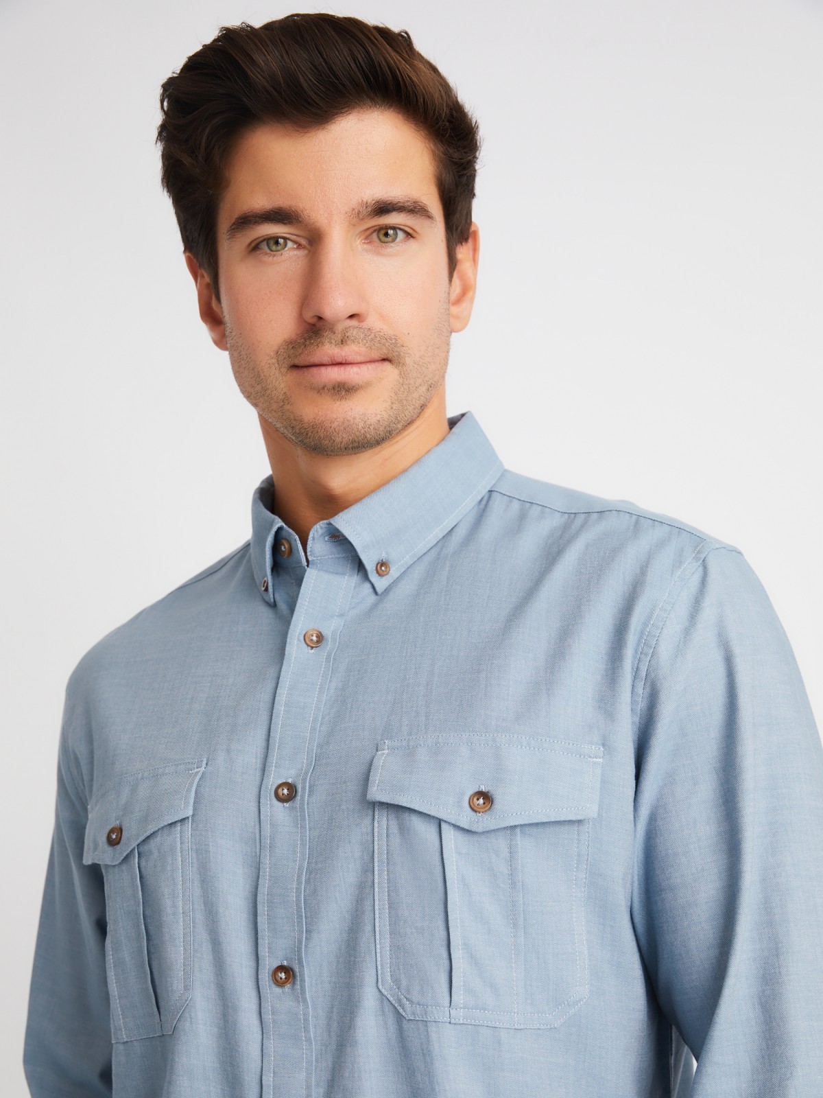 Рубашка из хлопка с длинным рукавом и карманами zolla 01413214R033, цвет светло-голубой, размер M - фото 4