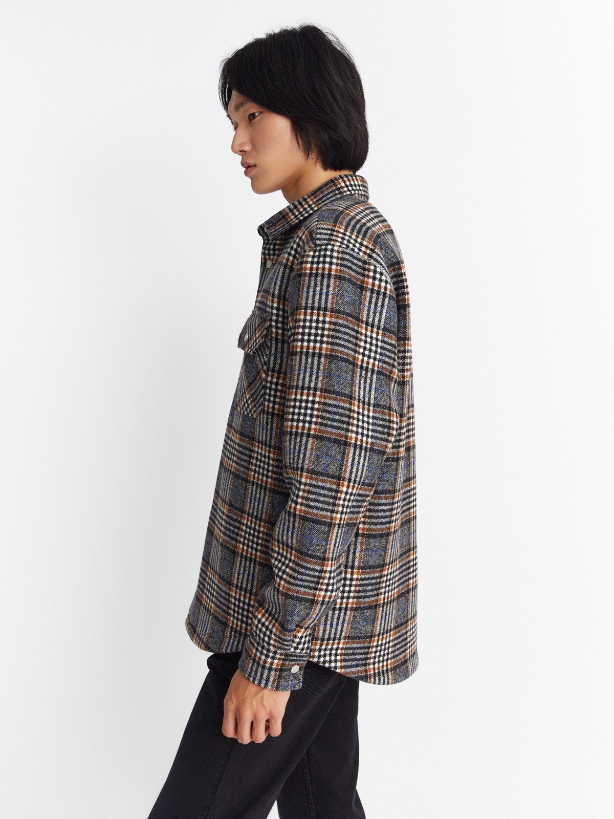 Куртка-рубашка из пальтовой ткани с узором в клетку на кнопках zolla 013335839094, цвет коричневый, размер M - фото 4