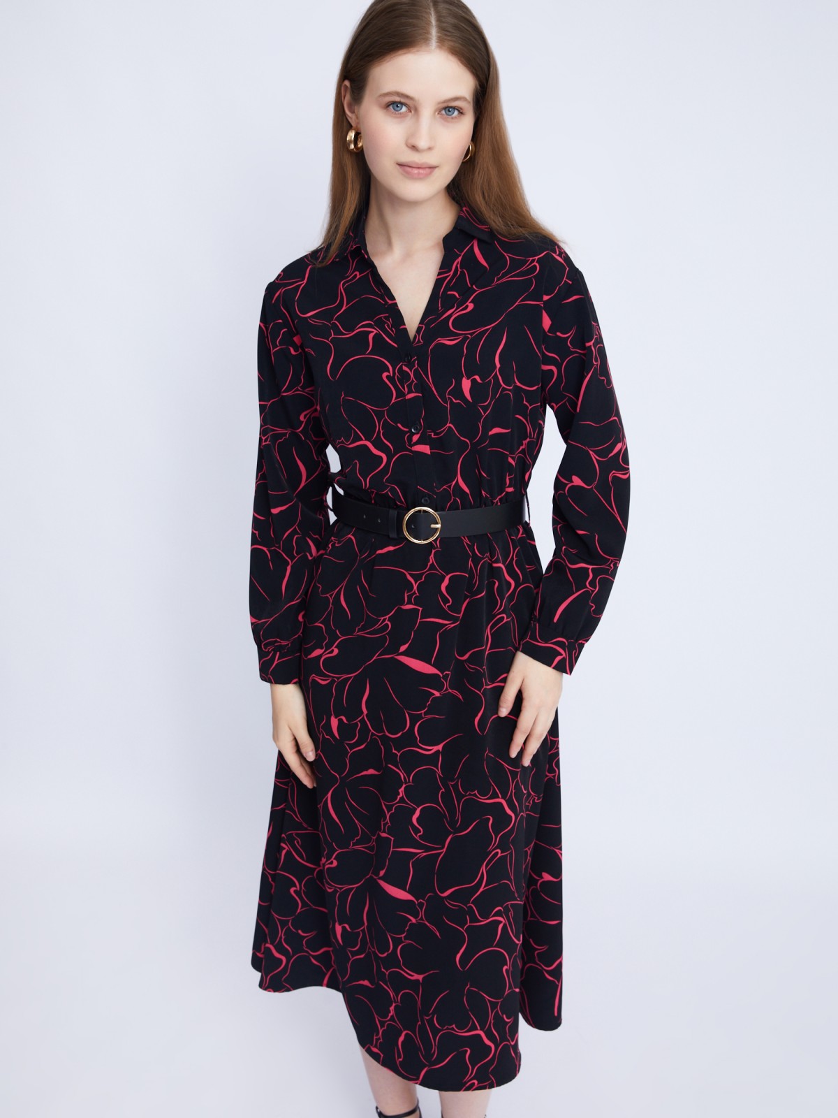 Платье-рубашка длины миди с цветочным принтом и ремнём на талии zolla 223328240043, размер XS