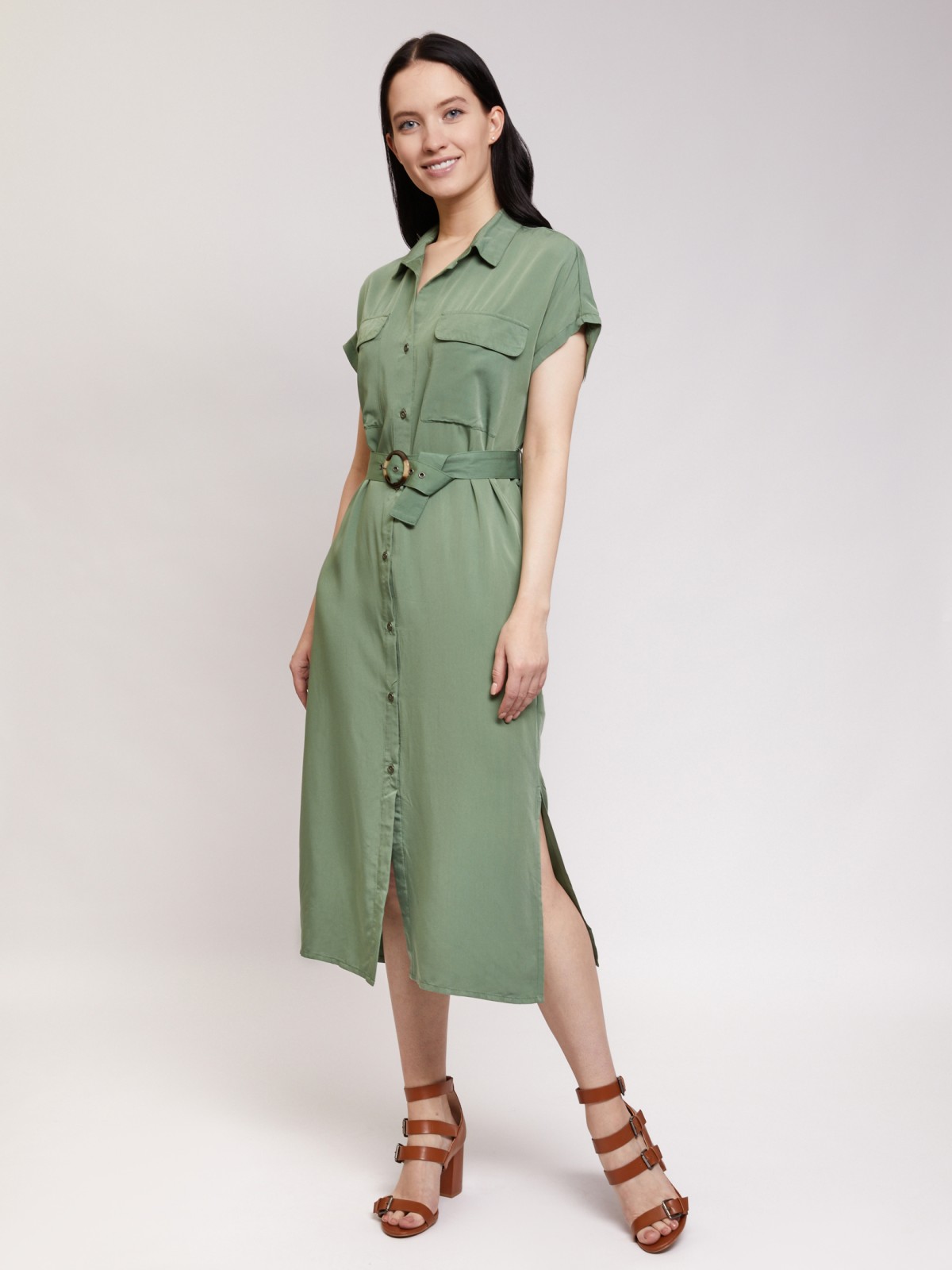 Платье-рубашка zolla 021258239013, цвет темно-зеленый, размер S