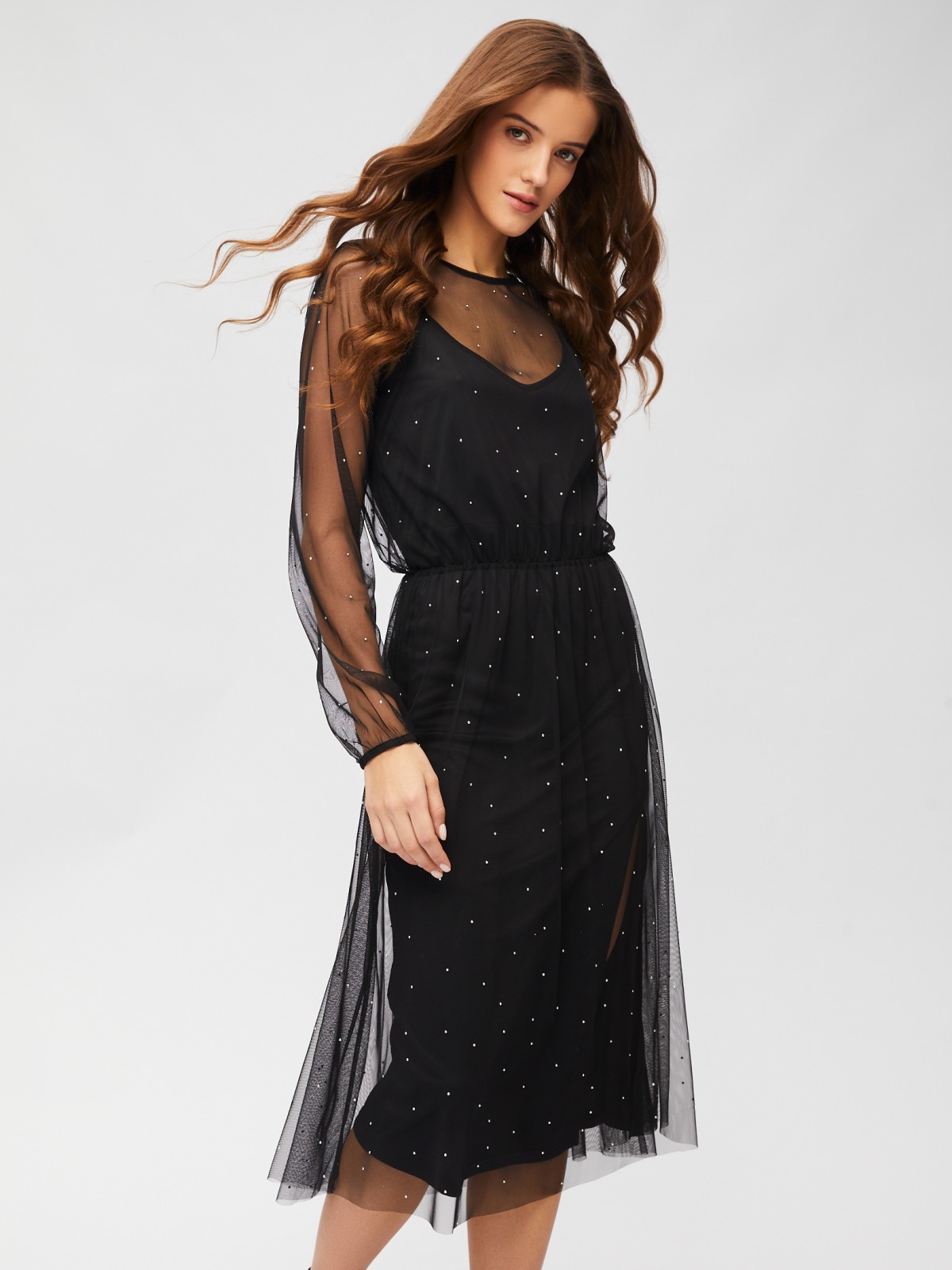 Платье из прозрачной сетки со стразами и нижней комбинации с разрезом zolla 023458155053, цвет черный, размер XXS