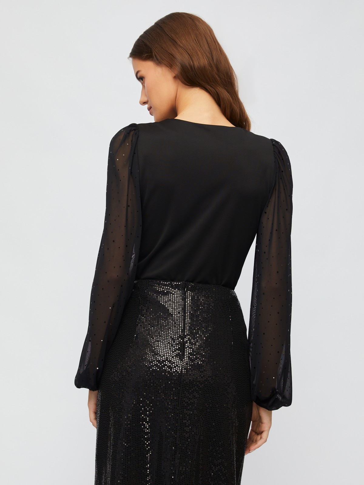 Блузка-боди с прозрачными рукавами из сетки со стразами zolla 023451159101, цвет черный, размер XS - фото 5