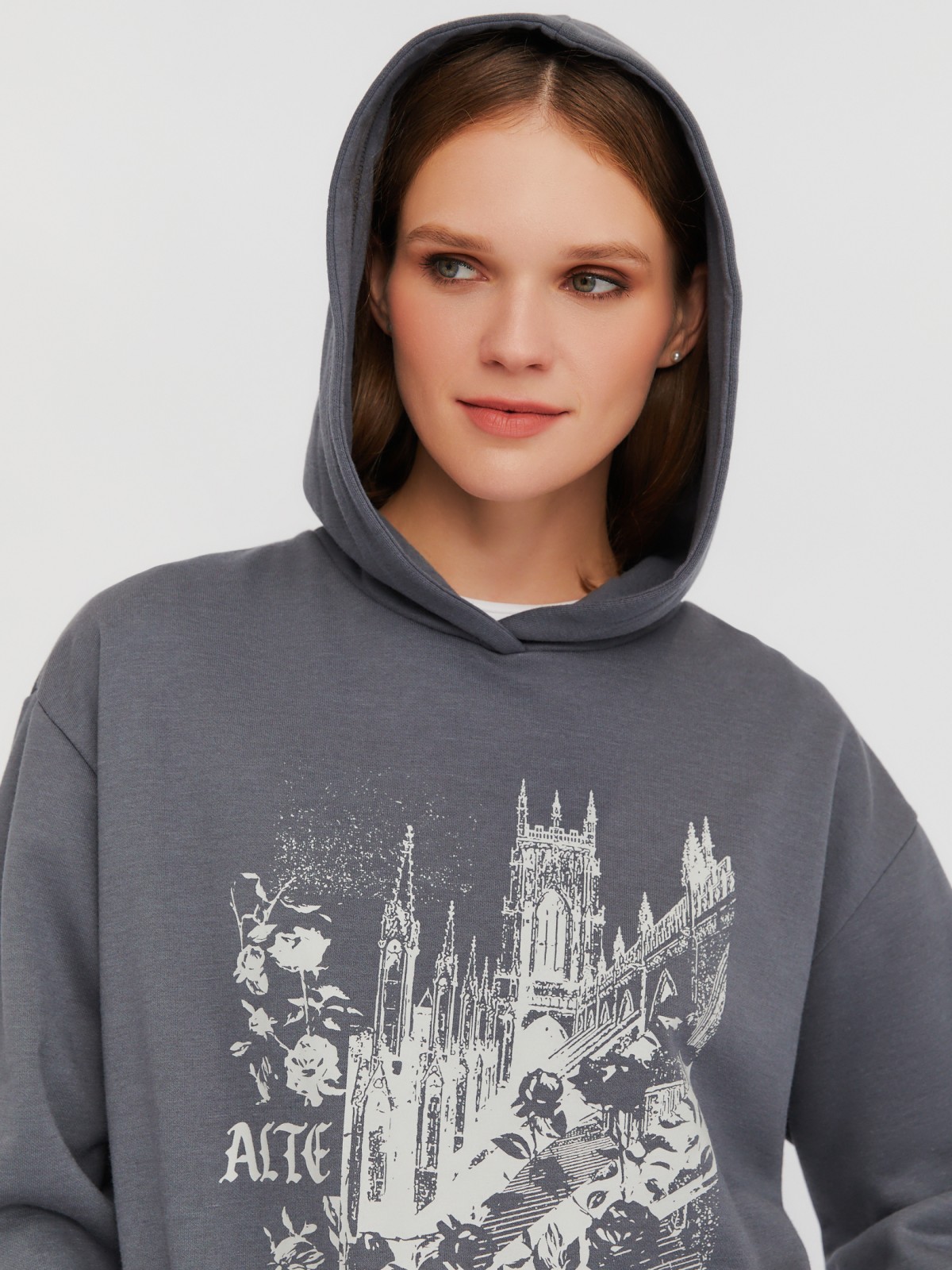 Утеплённый худи с капюшоном и принтом