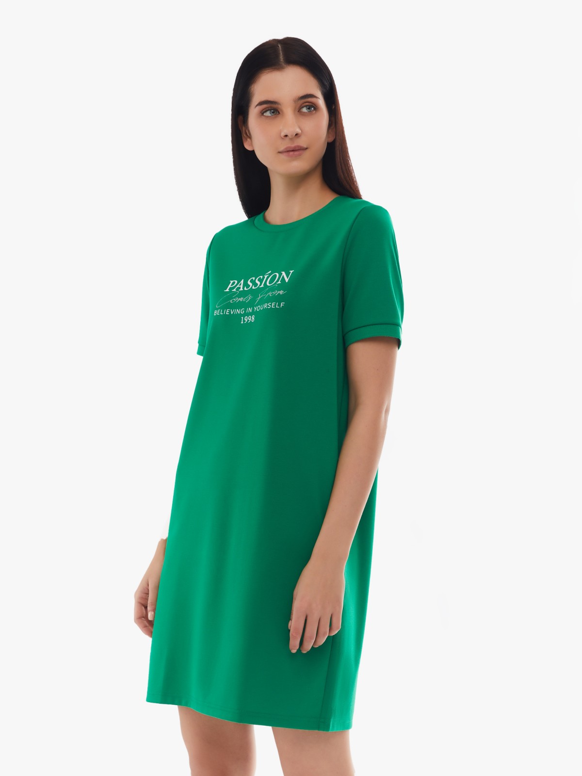 Платье-футболка с коротким рукавом и принтом-надписью zolla 024138135132, цвет зеленый, размер S - фото 5