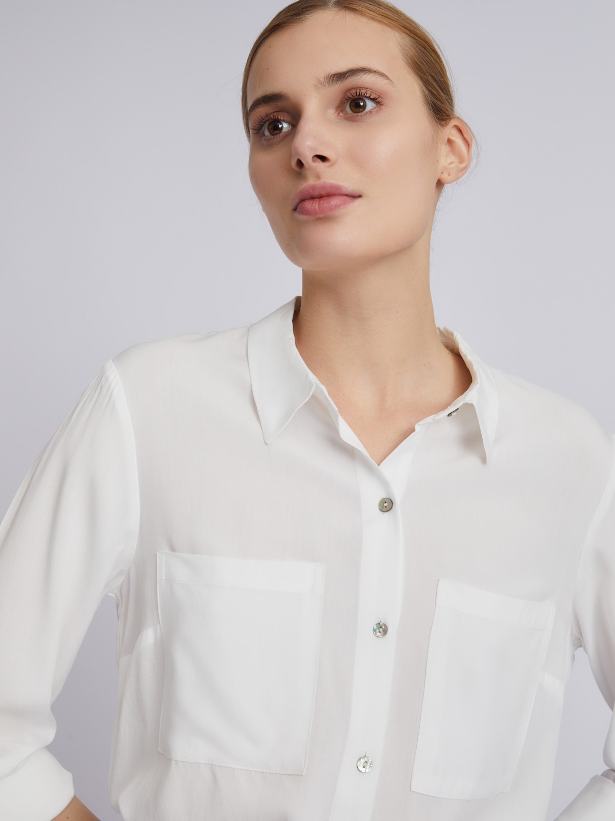 Офисная рубашка из вискозы с карманами и подхватами на рукавах zolla 023311162052, цвет молоко, размер XS - фото 4