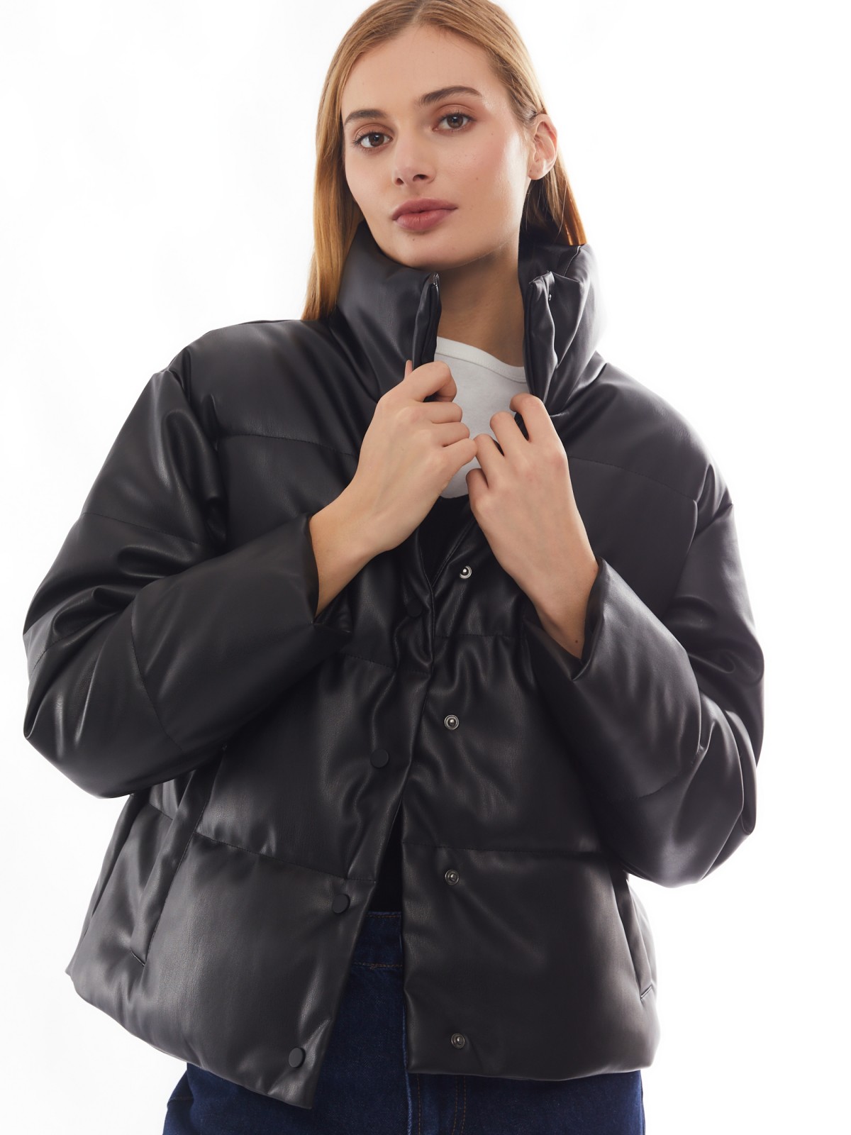 Тёплая стёганая дутая куртка из экокожи с высоким воротником zolla 02412516F034, цвет черный, размер XS