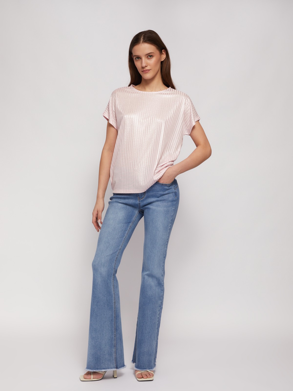 Трикотажный комбинированный топ-блузка с блеском zolla 024223226033, цвет розовый, размер XS - фото 2