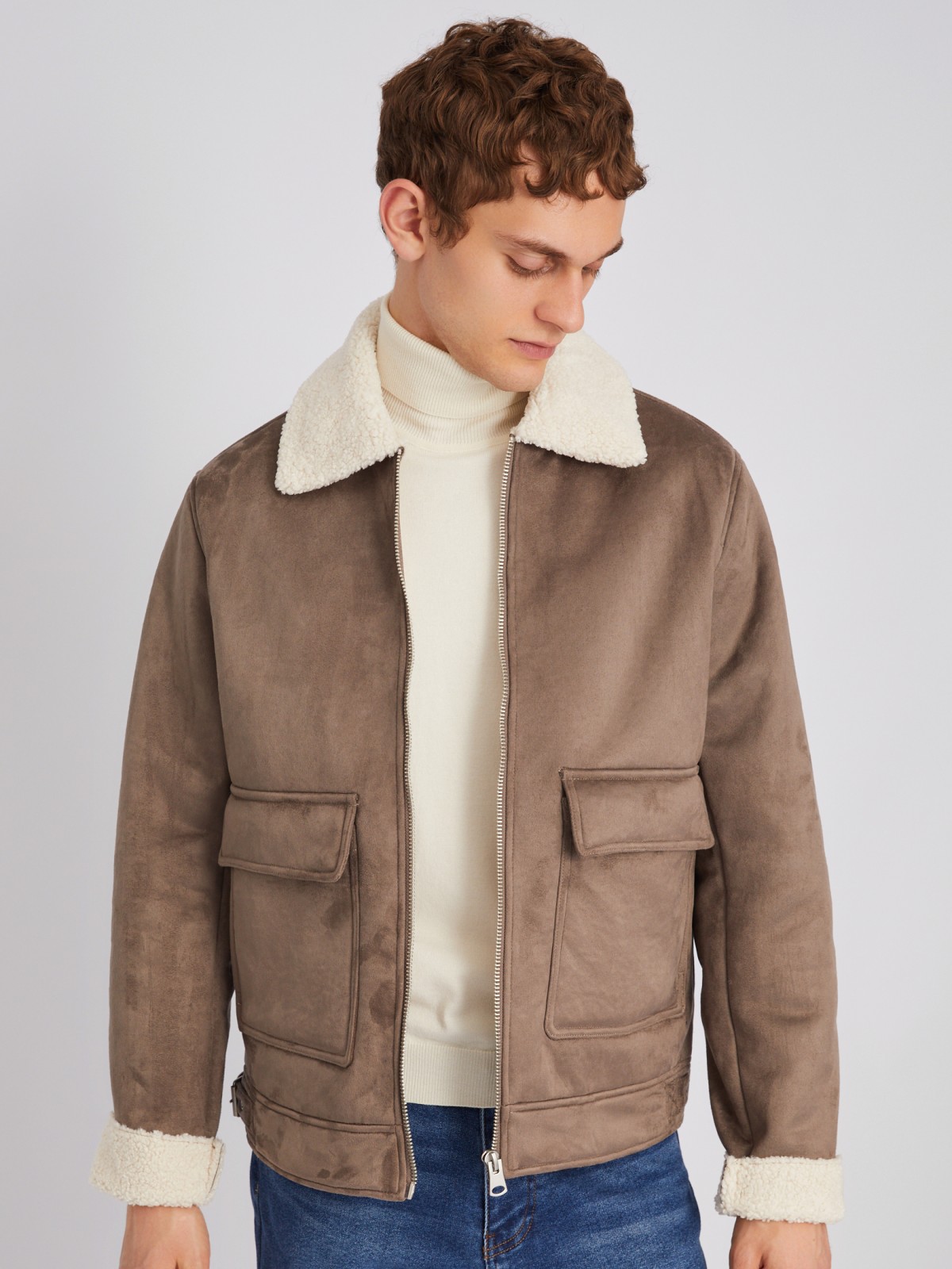 Тёплая куртка на молнии из экозамши с подкладкой из экомеха zolla 012345512024, цвет коричневый, размер XXXL - фото 1