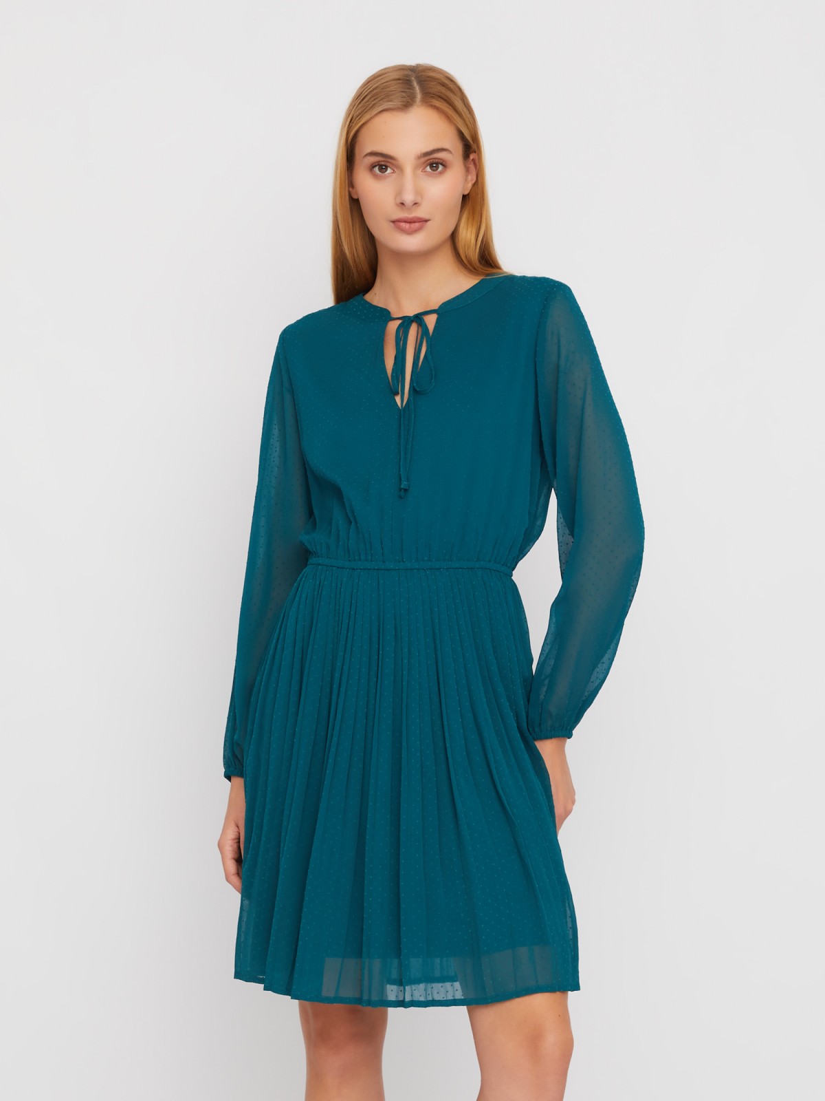 Шифоновое платье в горошек с плиссировкой zolla 02411824Y153, цвет темно-бирюзовый, размер XS