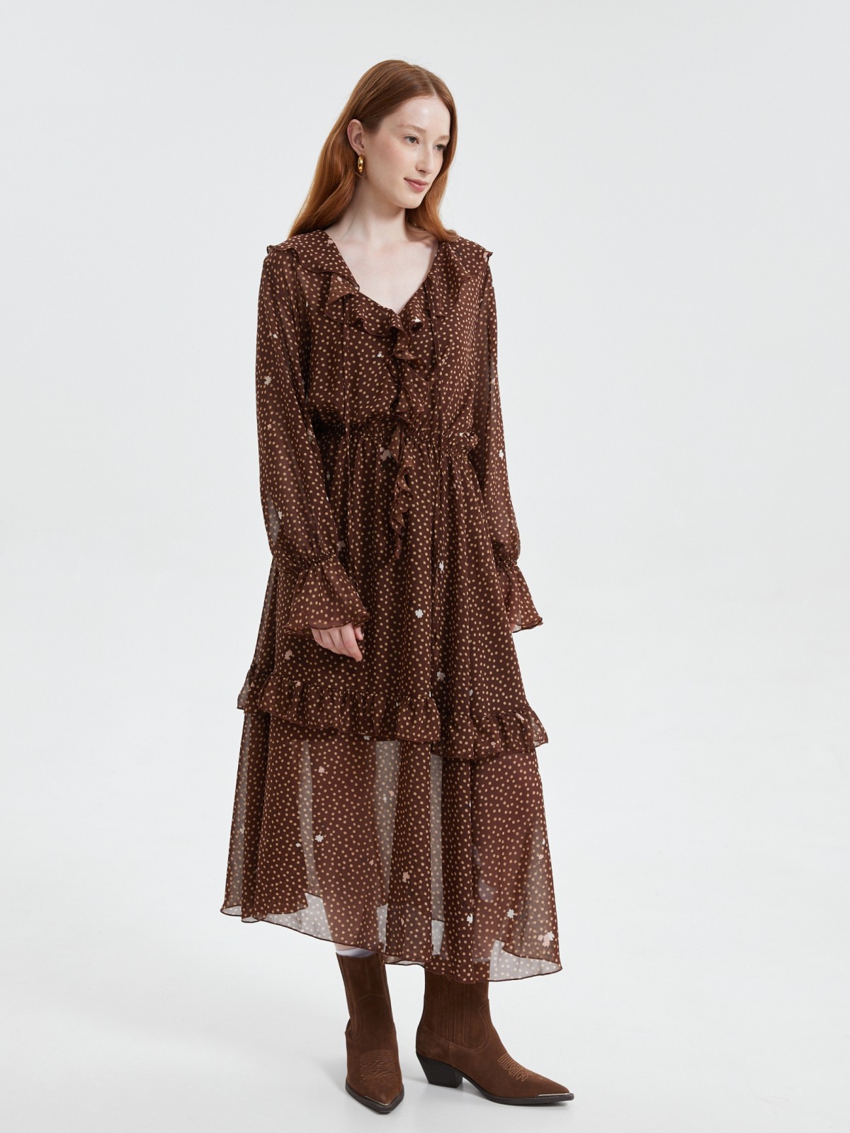 Платье миди из шифона с воланами