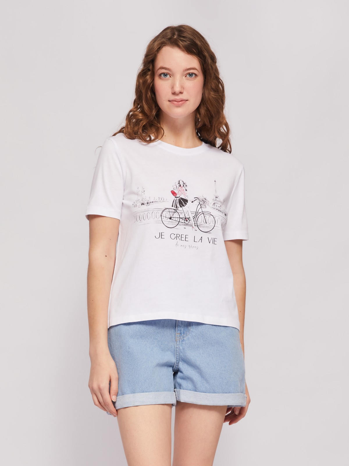 Трикотажная футболка из хлопка с принтом zolla 024223273413, цвет белый, размер M - фото 3