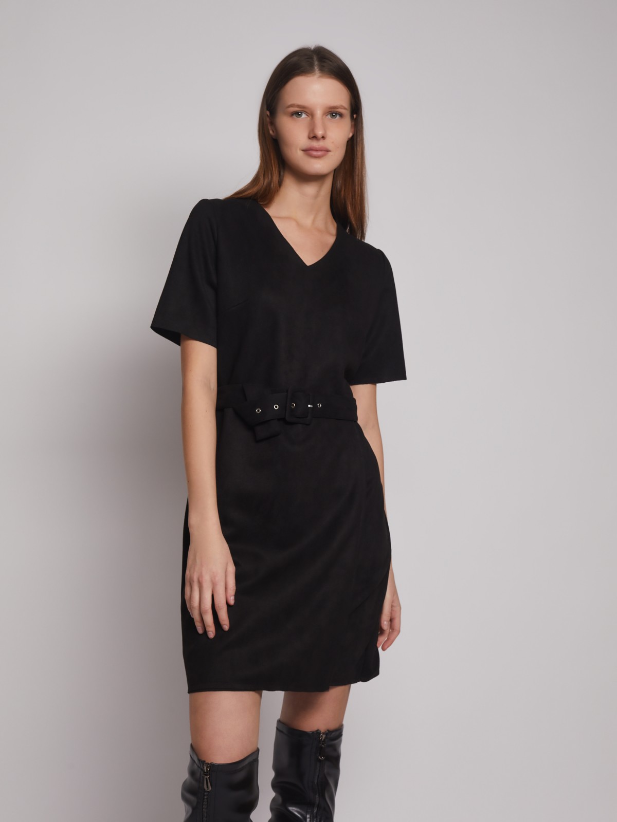 Платье из имитации замши с ремнём zolla 223128262283, цвет черный, размер S - фото 1