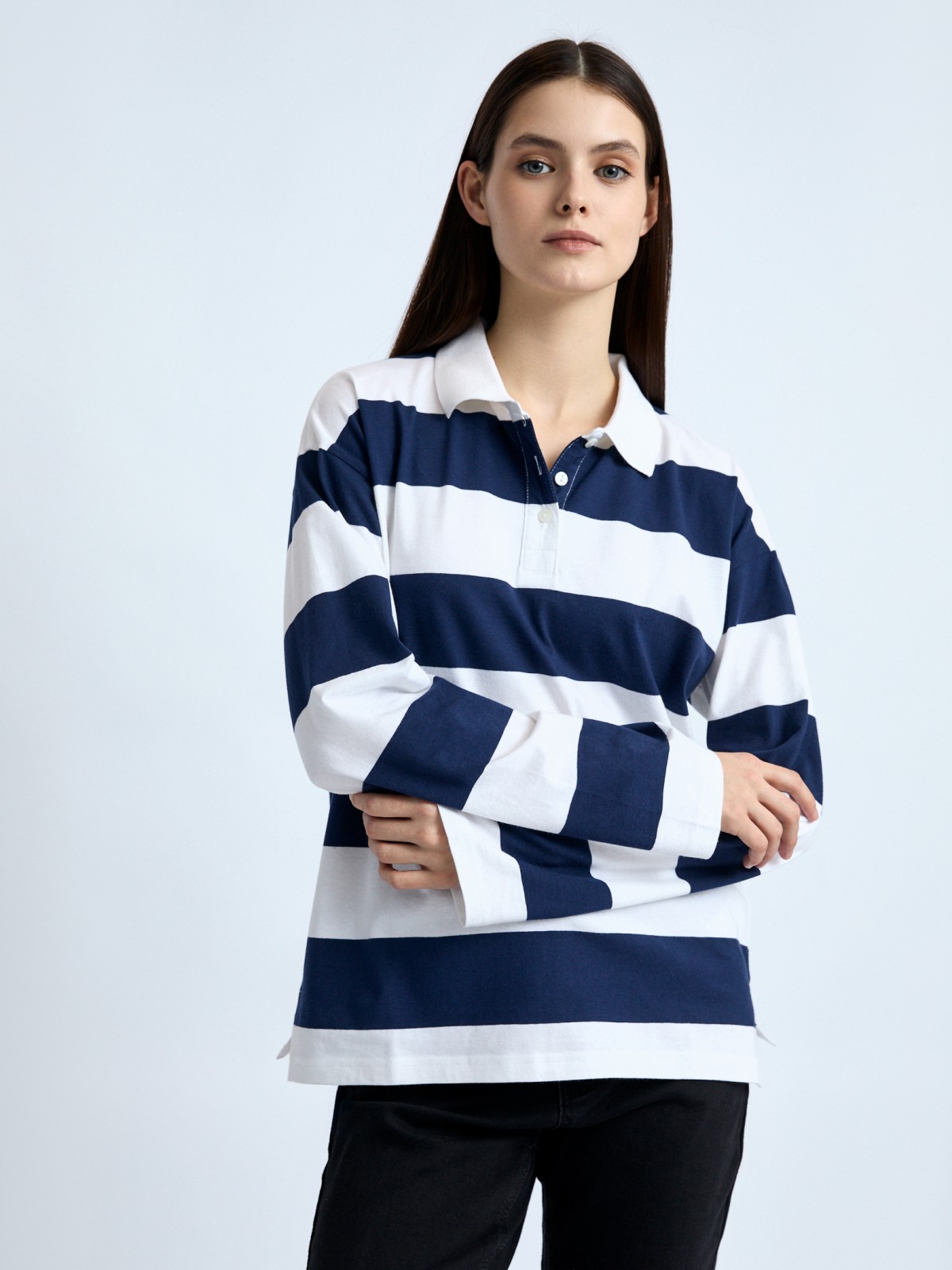 Трикотажный джемпер-лонгслив в полоску с воротником поло