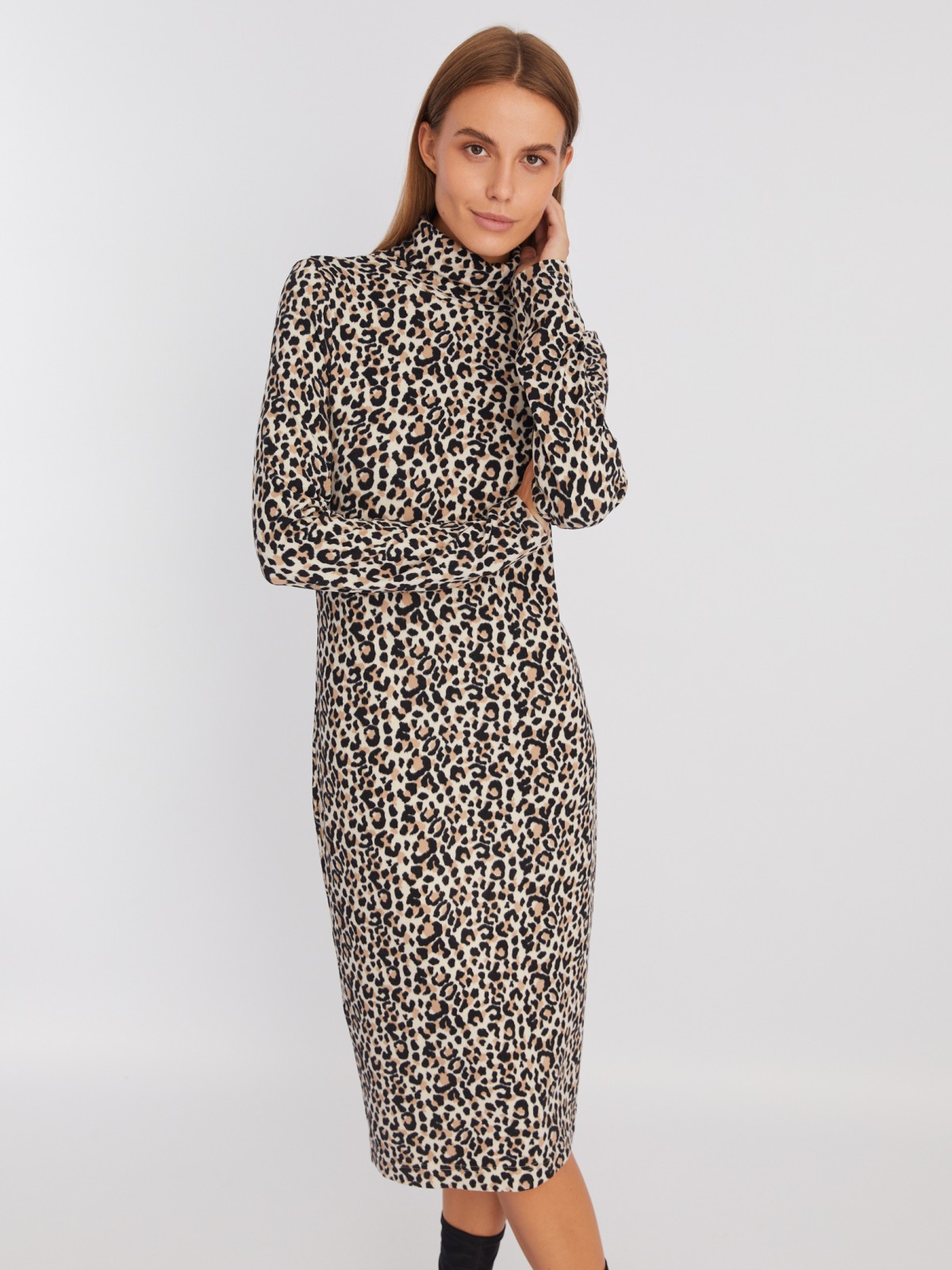 Платье-свитер из вязаного трикотажа с леопардовым принтом zolla 223428139021, цвет бежевый, размер XS
