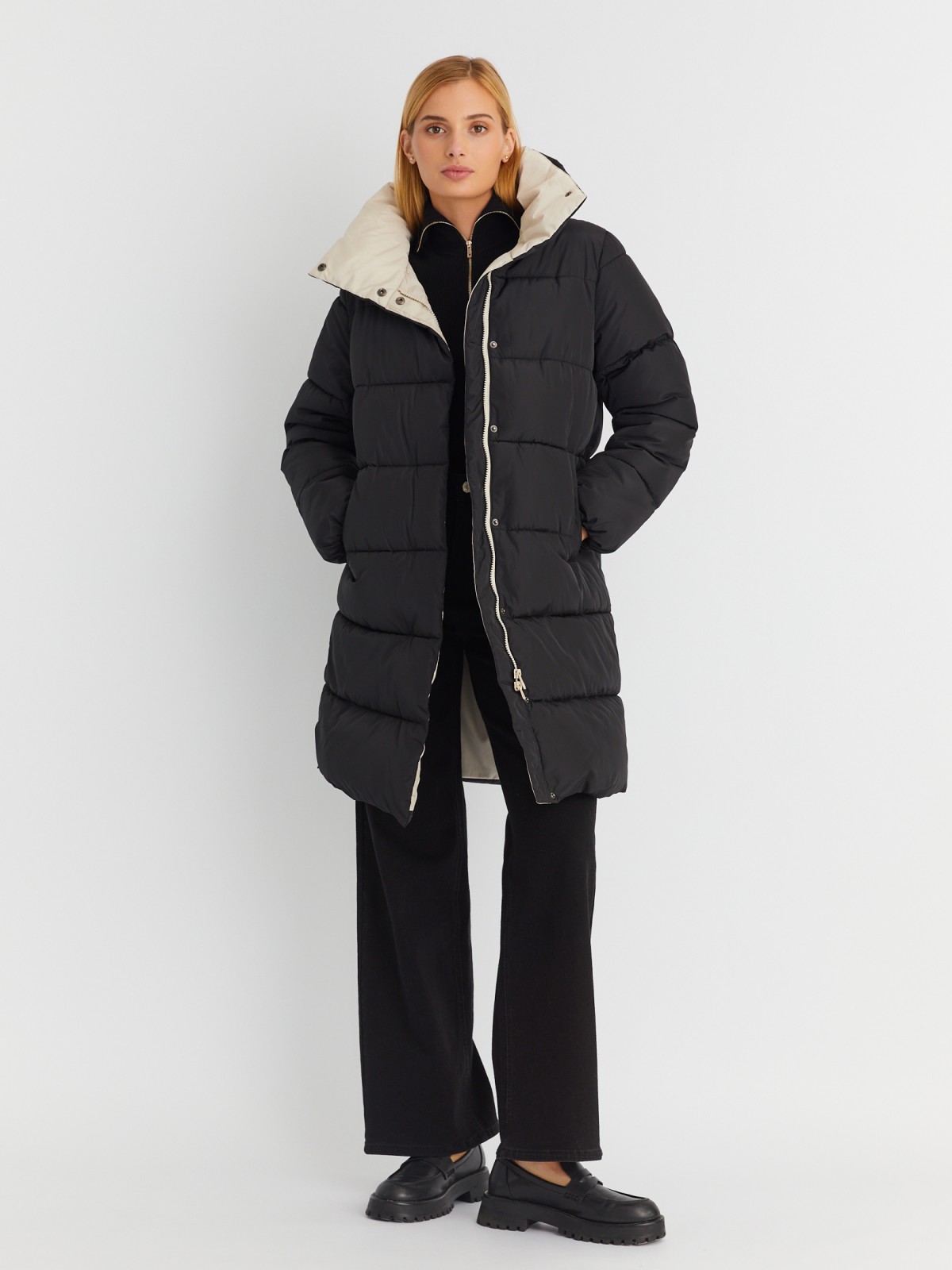 Тёплая стёганая куртка-пальто с высоким воротником