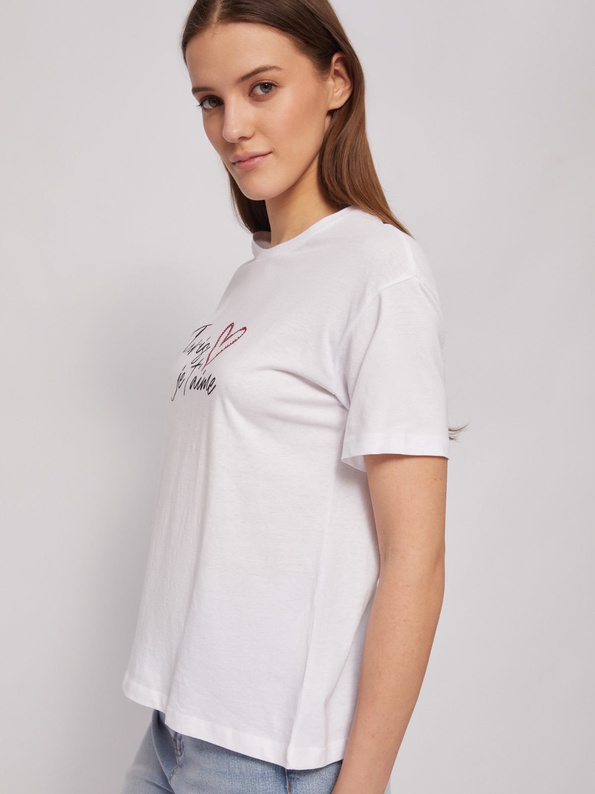 Трикотажная футболка из хлопка с принтом-надписью zolla 024223238653, цвет белый, размер S - фото 3