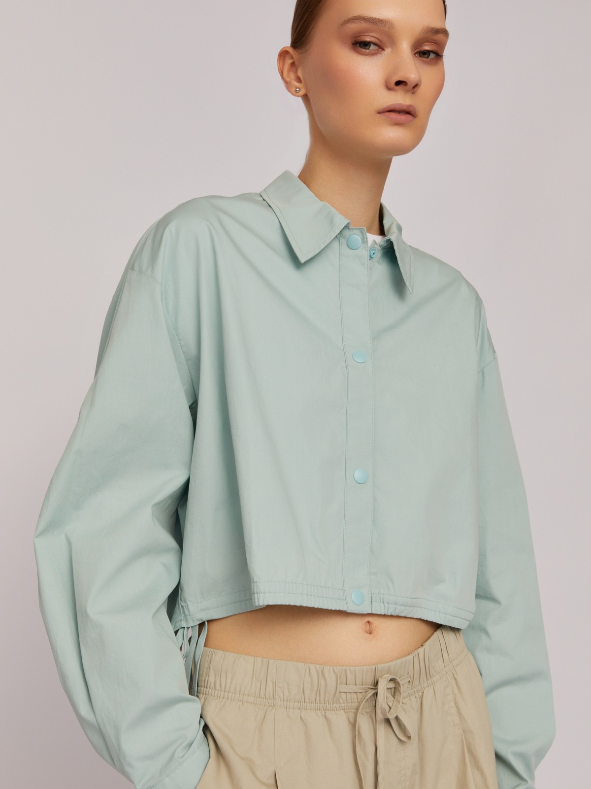 Укороченная блузка-рубашка из хлопка на кулиске zolla 02421114Y131, цвет мятный, размер XS - фото 3
