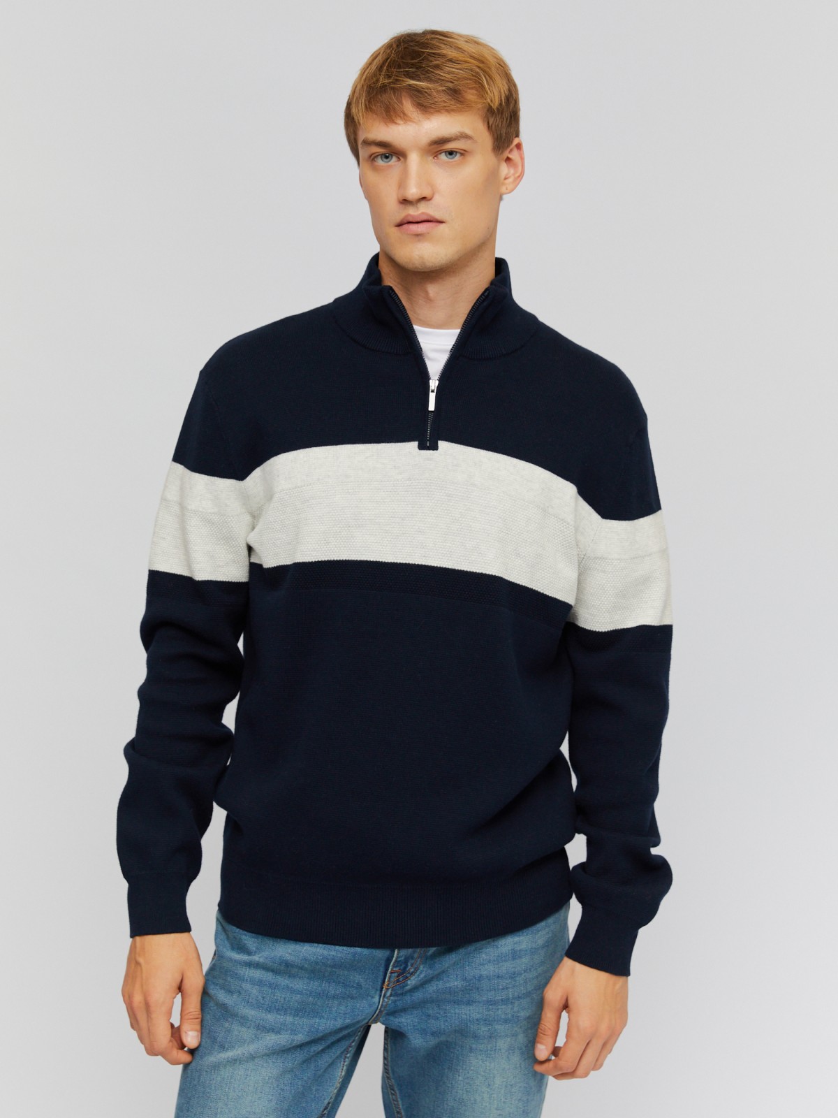 Хлопковый трикотажный свитер с воротником на молнии