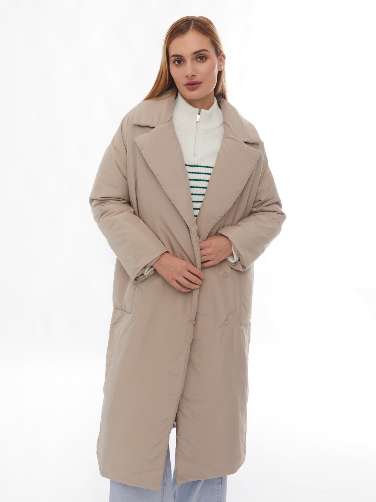 Утеплённое пальто с отложным воротником и поясом zolla 024125297134, цвет бежевый, размер XS