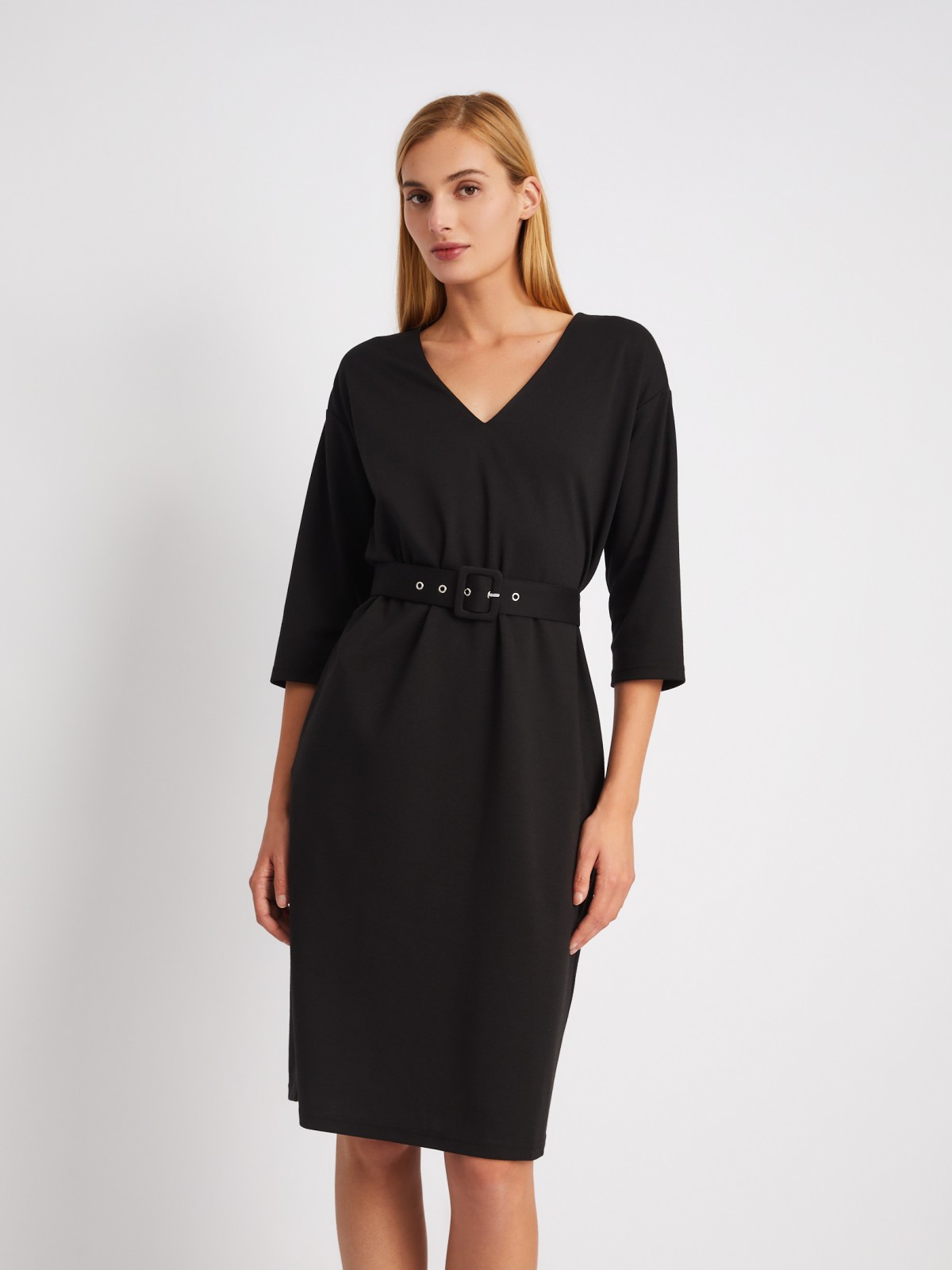 Платье с укороченным рукавом и ремнём на талии zolla 024118139361, цвет черный, размер S - фото 1