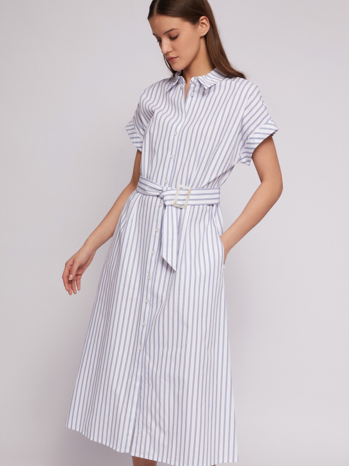 Платье-рубашка из хлопка с коротким рукавом и узором в полоску zolla 024218262363, цвет белый, размер S