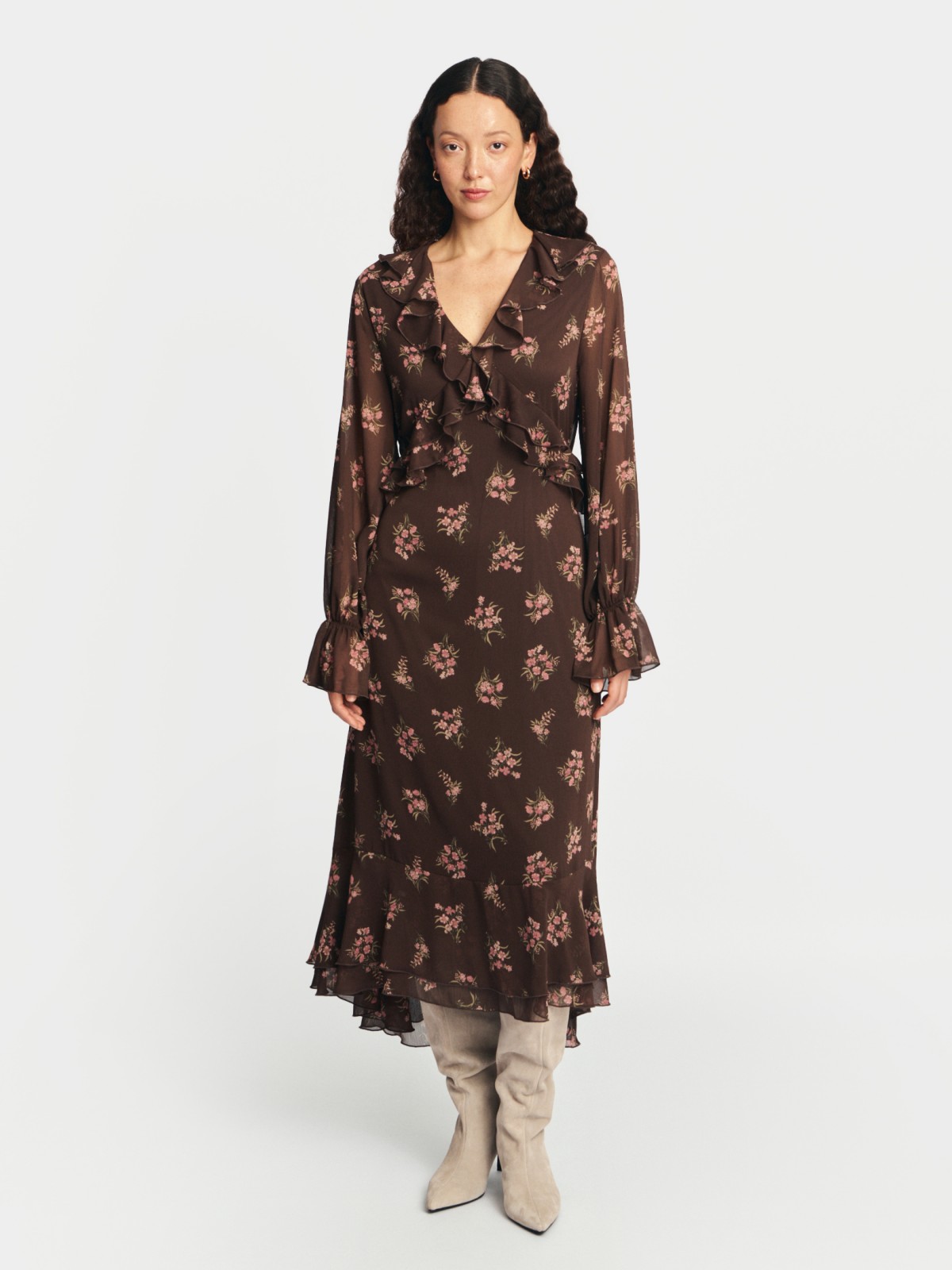 Платье макси из шифона с воланами