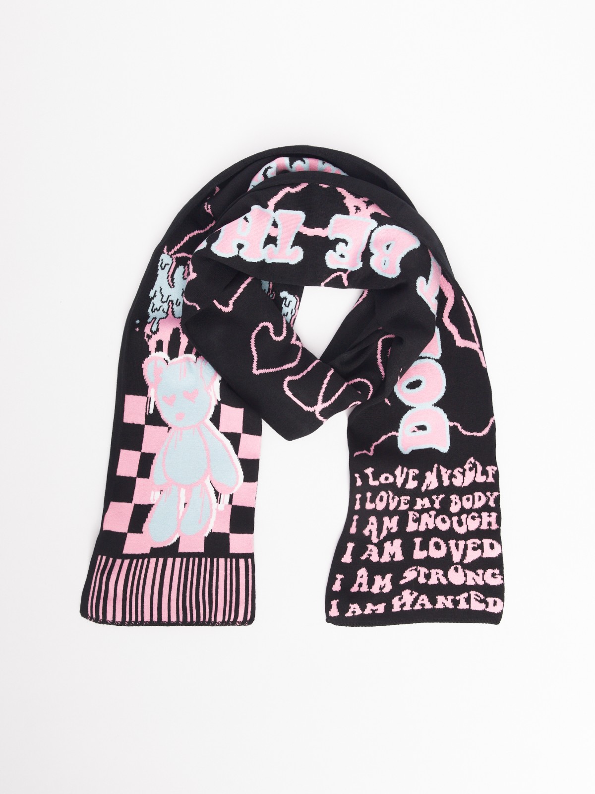 Вязаный трикотажный шарф с надписями zolla разноцветного цвета