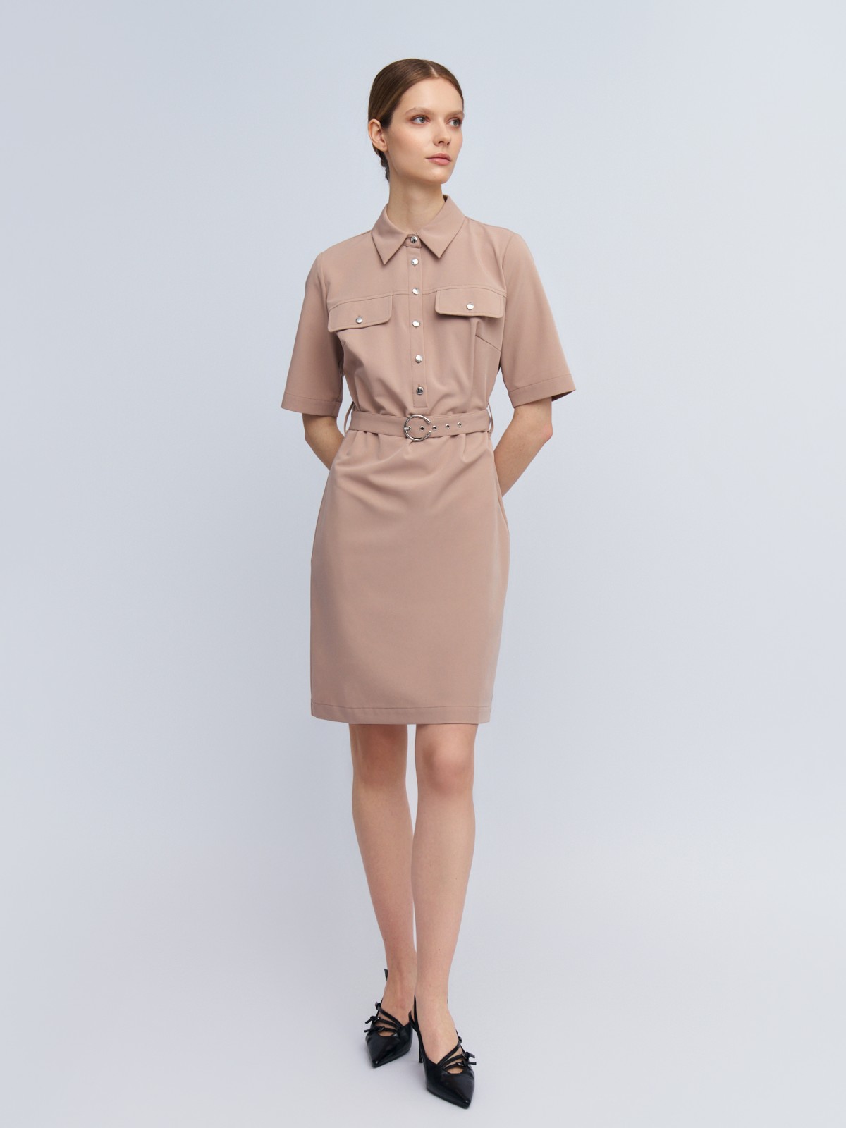 Платье-рубашка с коротким рукавом и ремнём