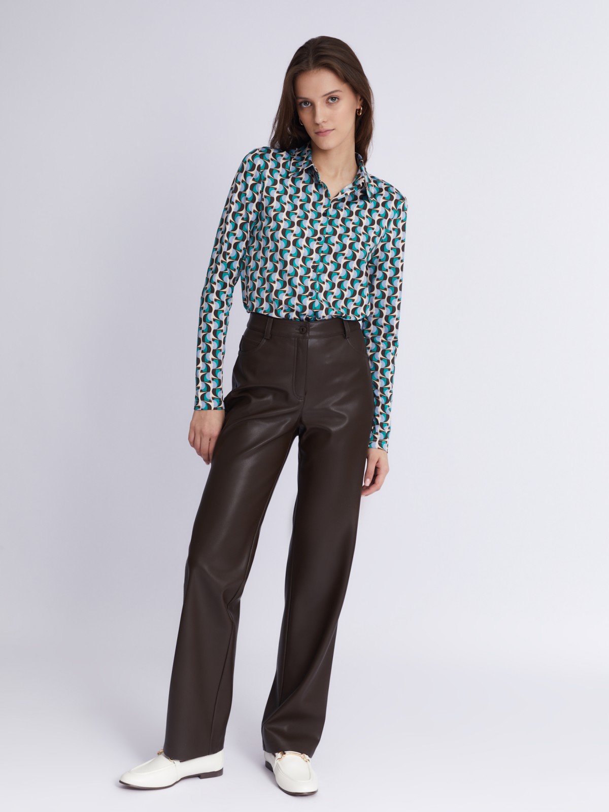 Трикотажная блузка-рубашка с абстрактным геометрическим принтом zolla 023321159233, цвет голубой, размер S - фото 2