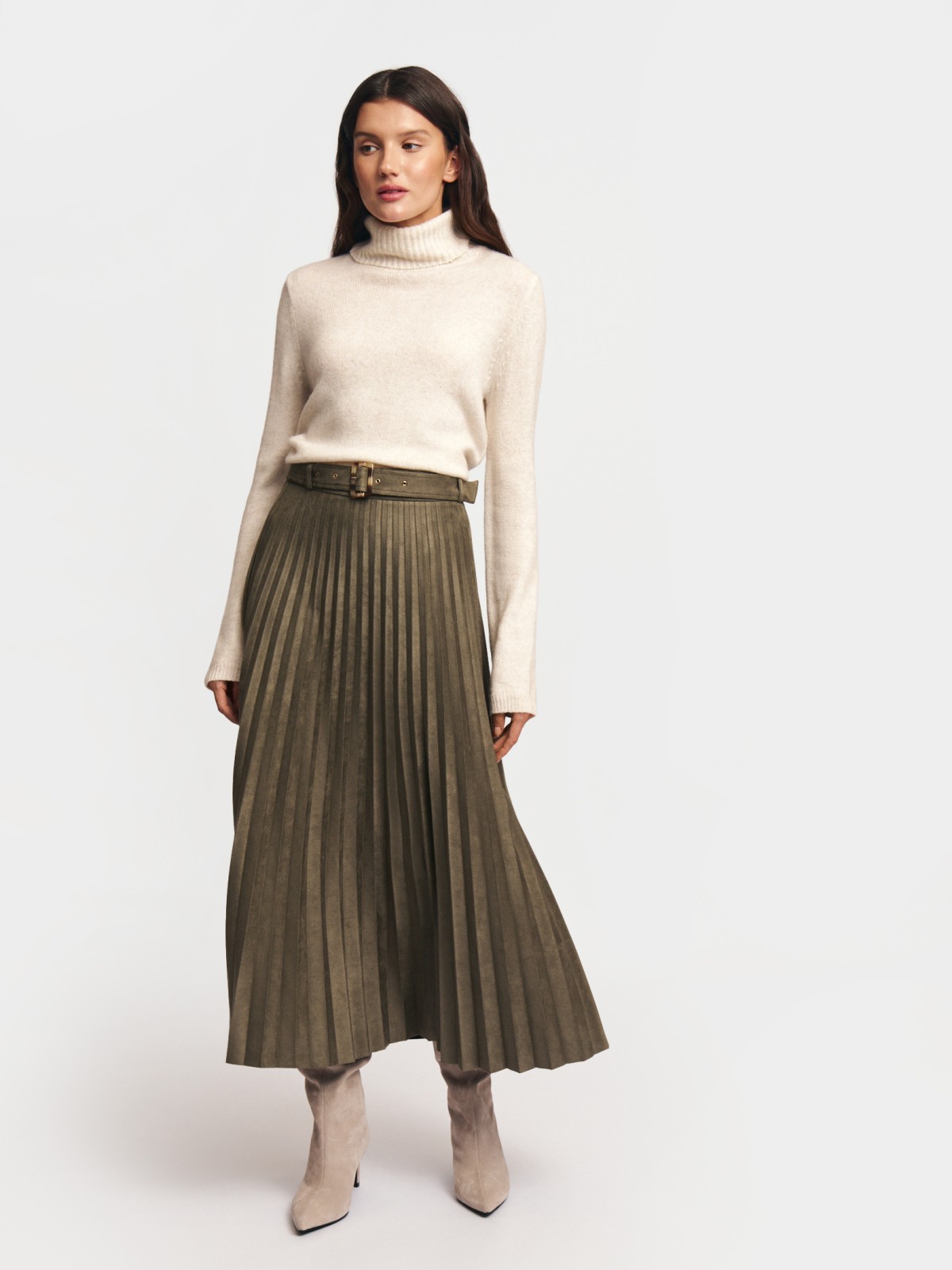Юбка плиссе из экозамши с ремнём