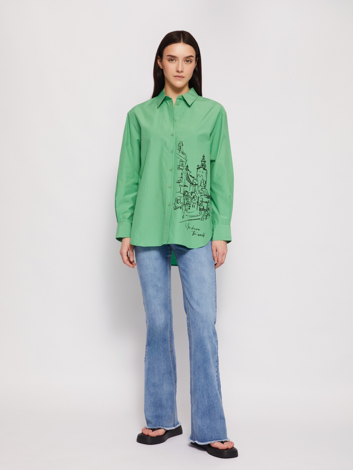 Рубашка прямого фасона с принтом zolla 024221159313, цвет зеленый, размер M - фото 2