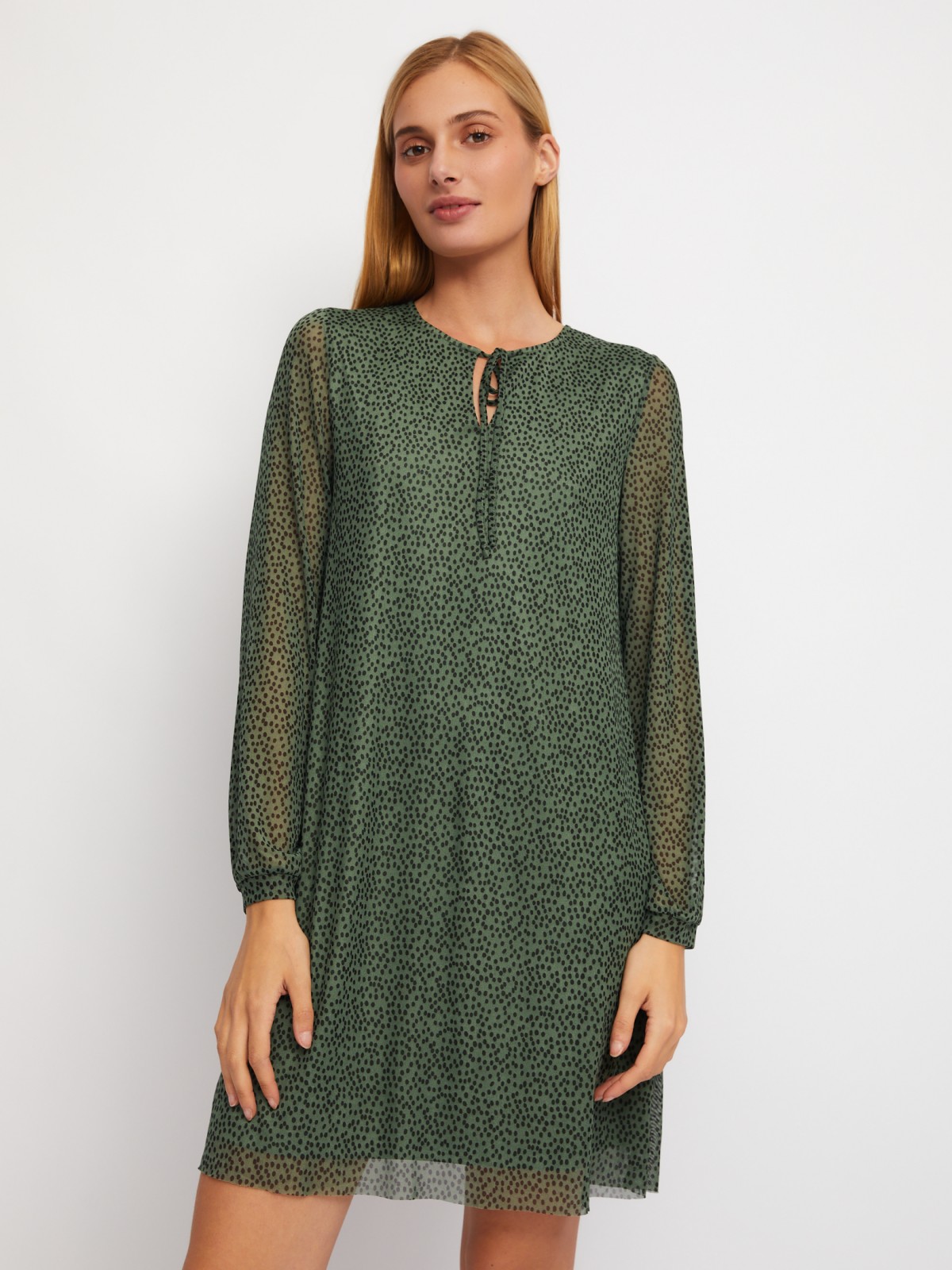 Платье мини с длинным рукавом и вырезом на завязках zolla 024118159142, цвет светло-зеленый, размер XS - фото 1