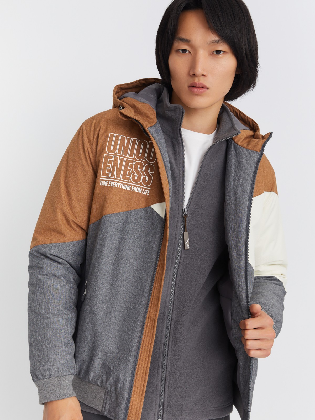 Утеплённая куртка-бомбер на синтепоне с капюшоном zolla 01334510L234, цвет серый, размер S