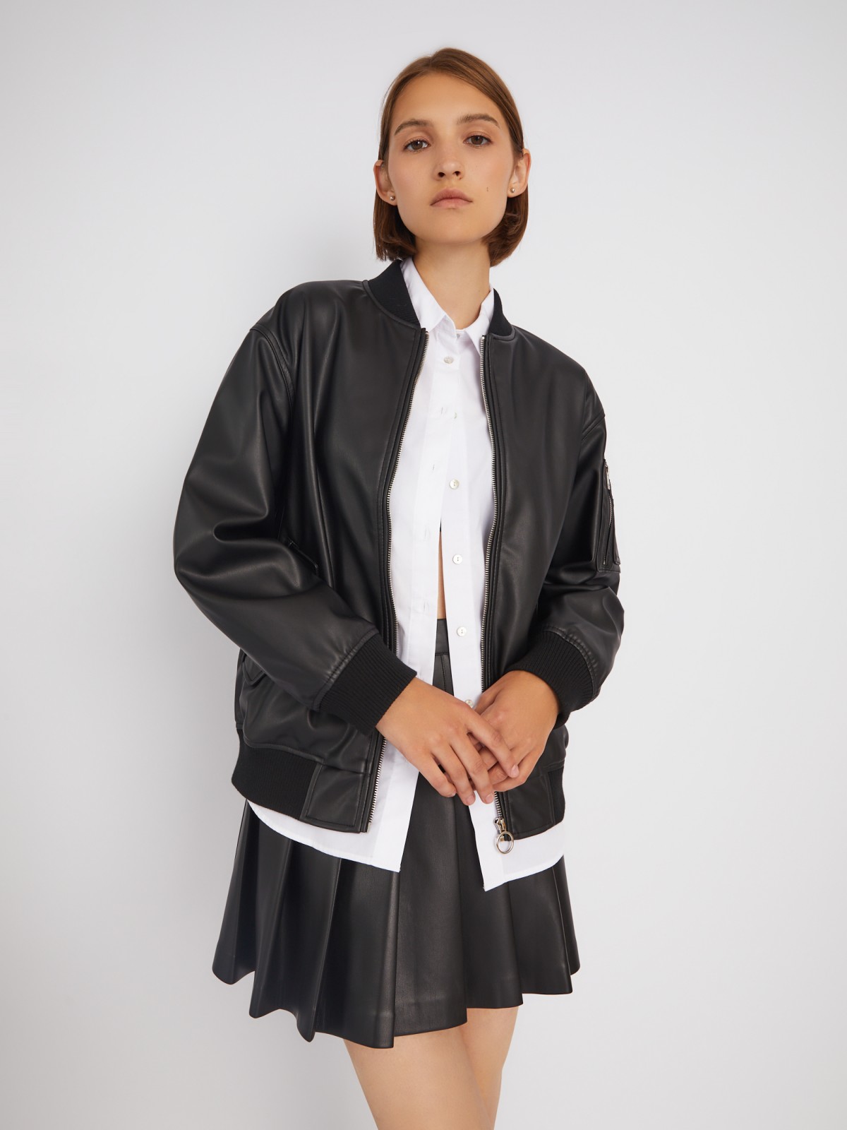 Куртка-бомбер из искусственной кожи без утеплителя zolla 023325602014, цвет черный, размер M