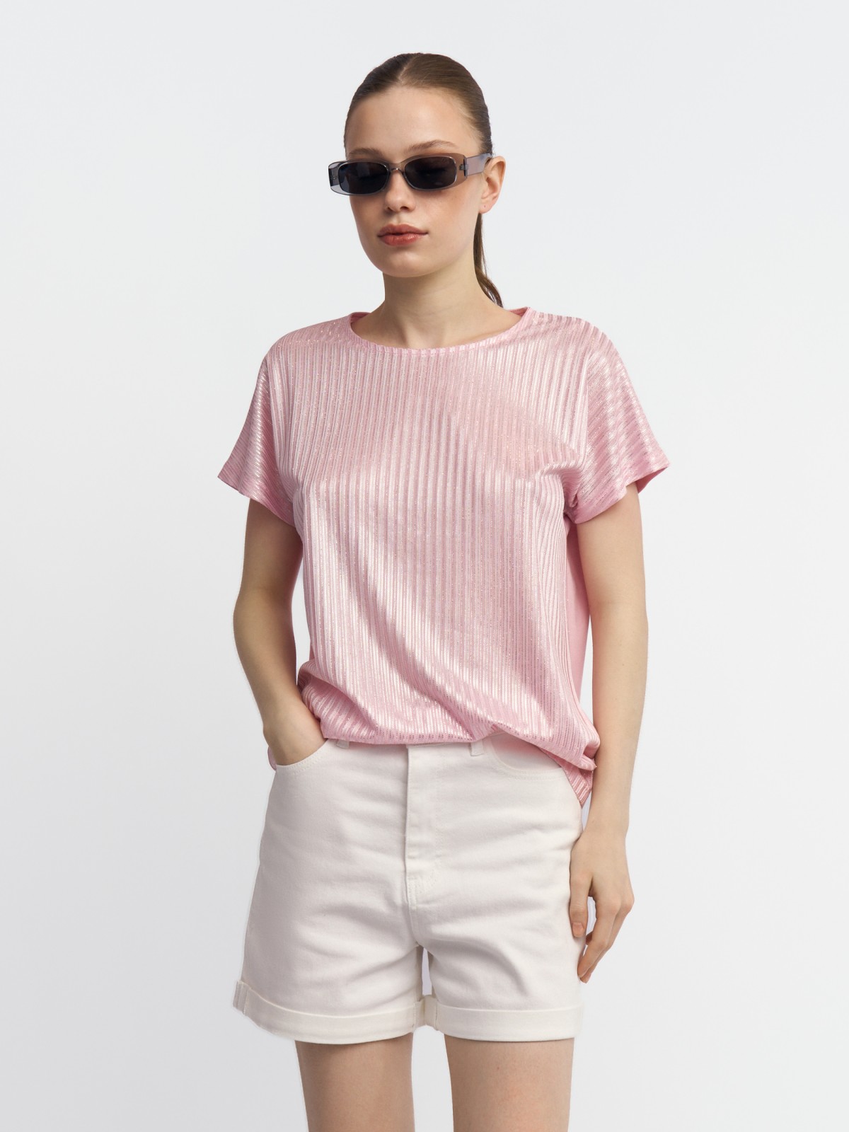 Трикотажный комбинированный топ-блузка с блеском