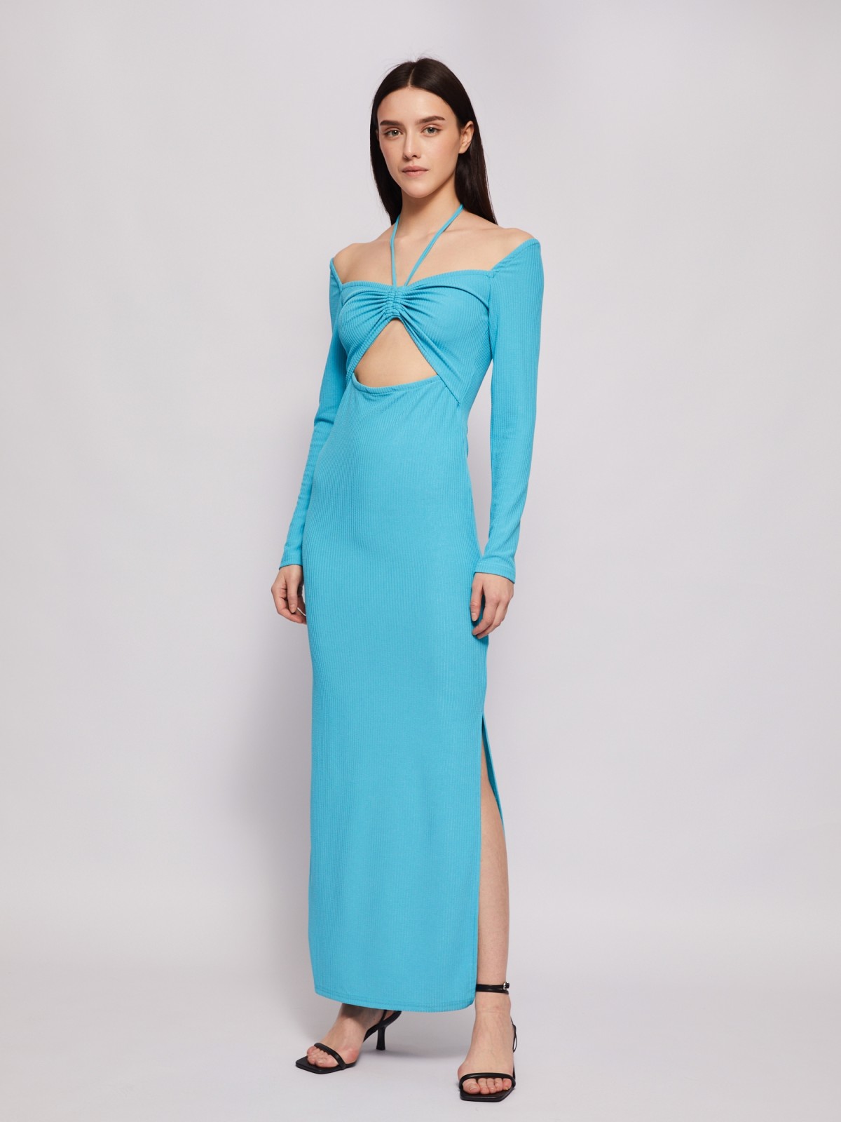Трикотажное платье с завязками на шее и вырезом zolla 02421817Y031, цвет голубой, размер XS